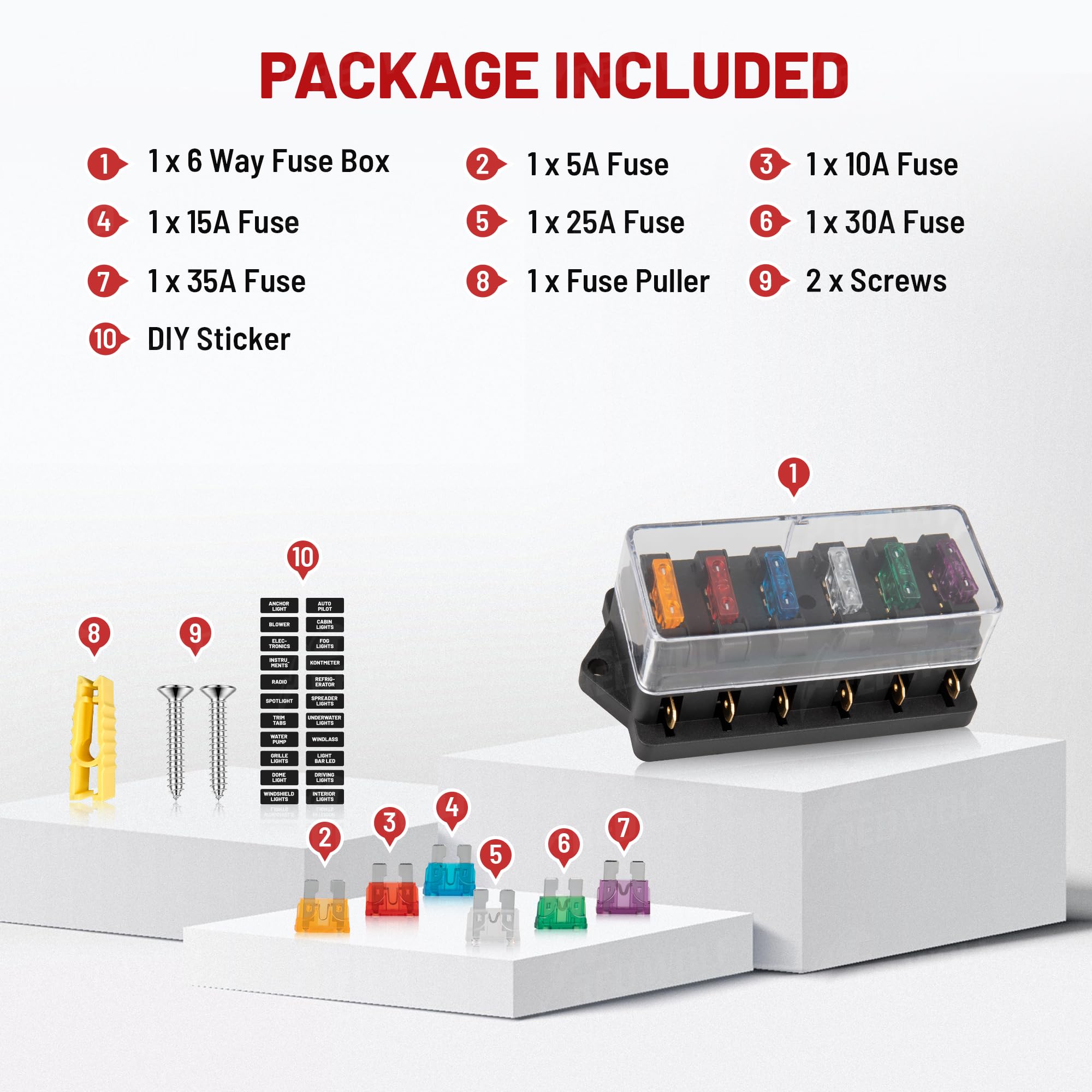 RED WOLF 6 Way Fuse Block Blade Fuse Box with Standard Circuit Fuses for Boat Marine Vehicle Auto RV Car Trailer Truck SUV Power