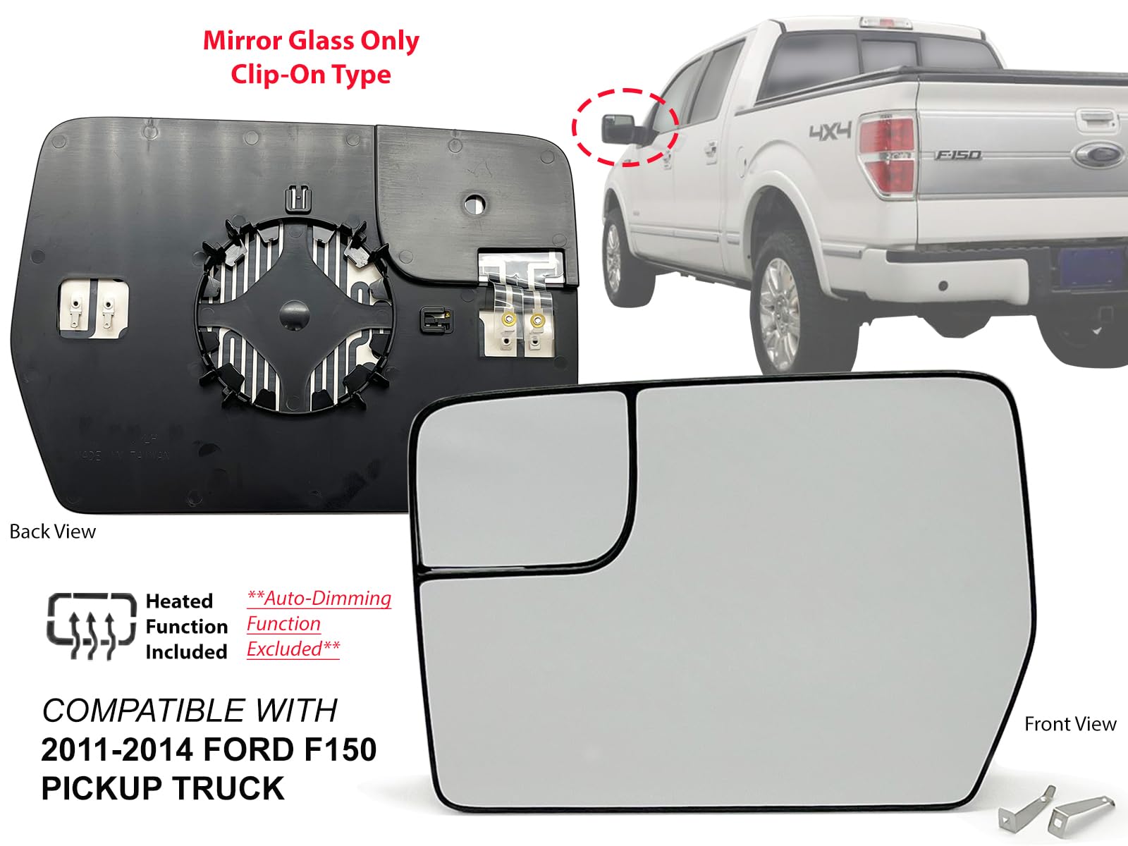 Auto Parts Avenue Heated Driver Side Mirror Glass with Spotter Glass for 2011-2014 F150 Pickup Truck - Chrome