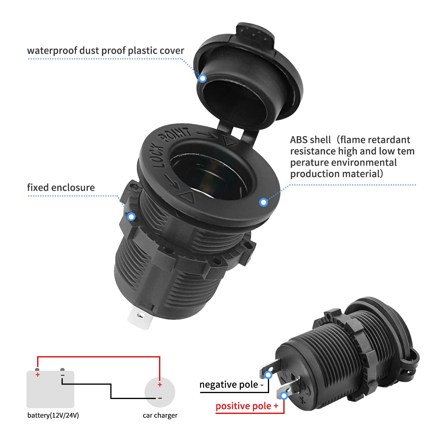 12V Car Cigarette Lighter Socket Waterproof and Dustproof plug socket for Car Truck Motobike Boats Marine ATV, with Fuse & 60cm
