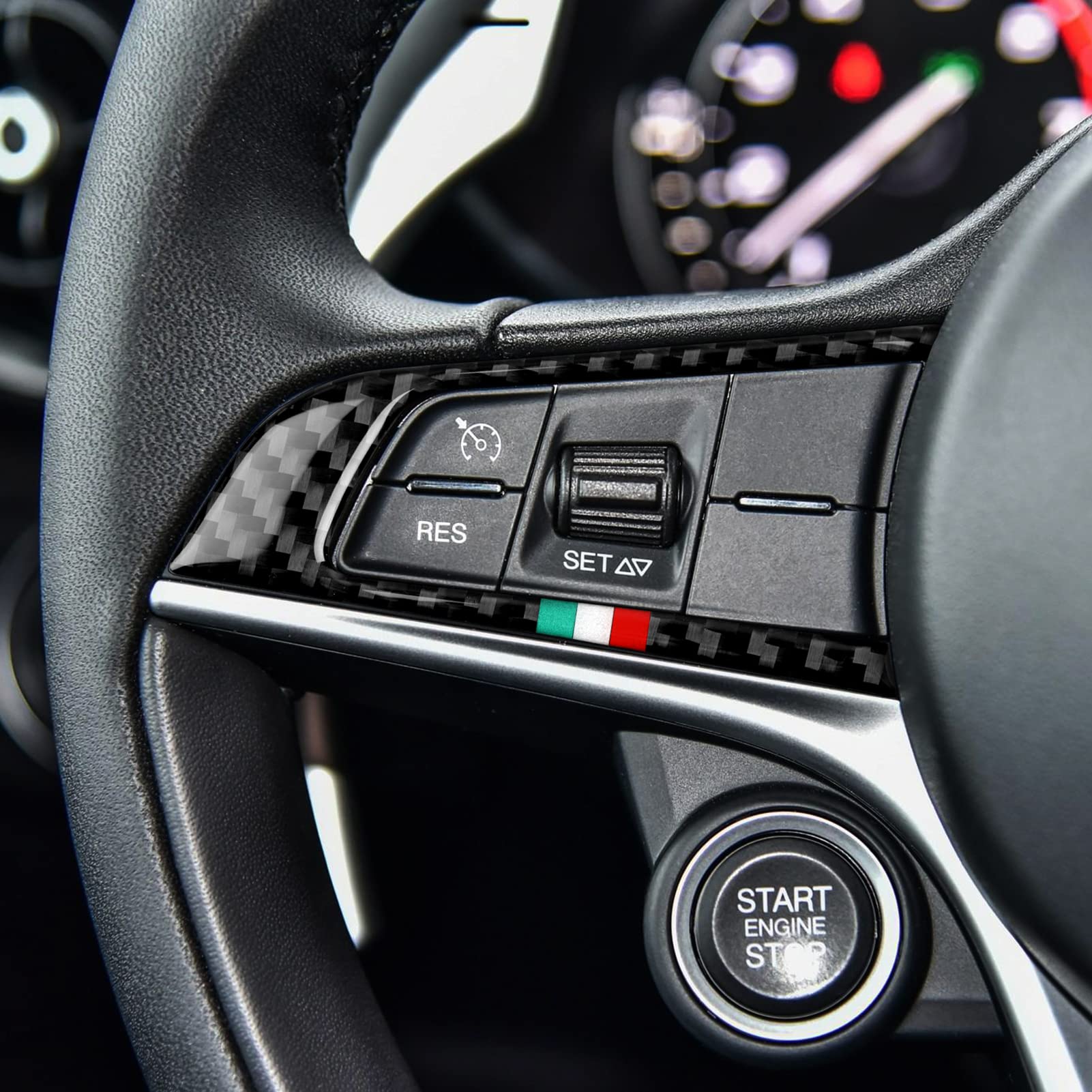 2Pcs Car Steering Trim Sticker Cover Carbon Fiber Decal Fits For Alfa Romeo Giulia Stelvio 2016 2017 2018 2019 Interior Accessories (Black)