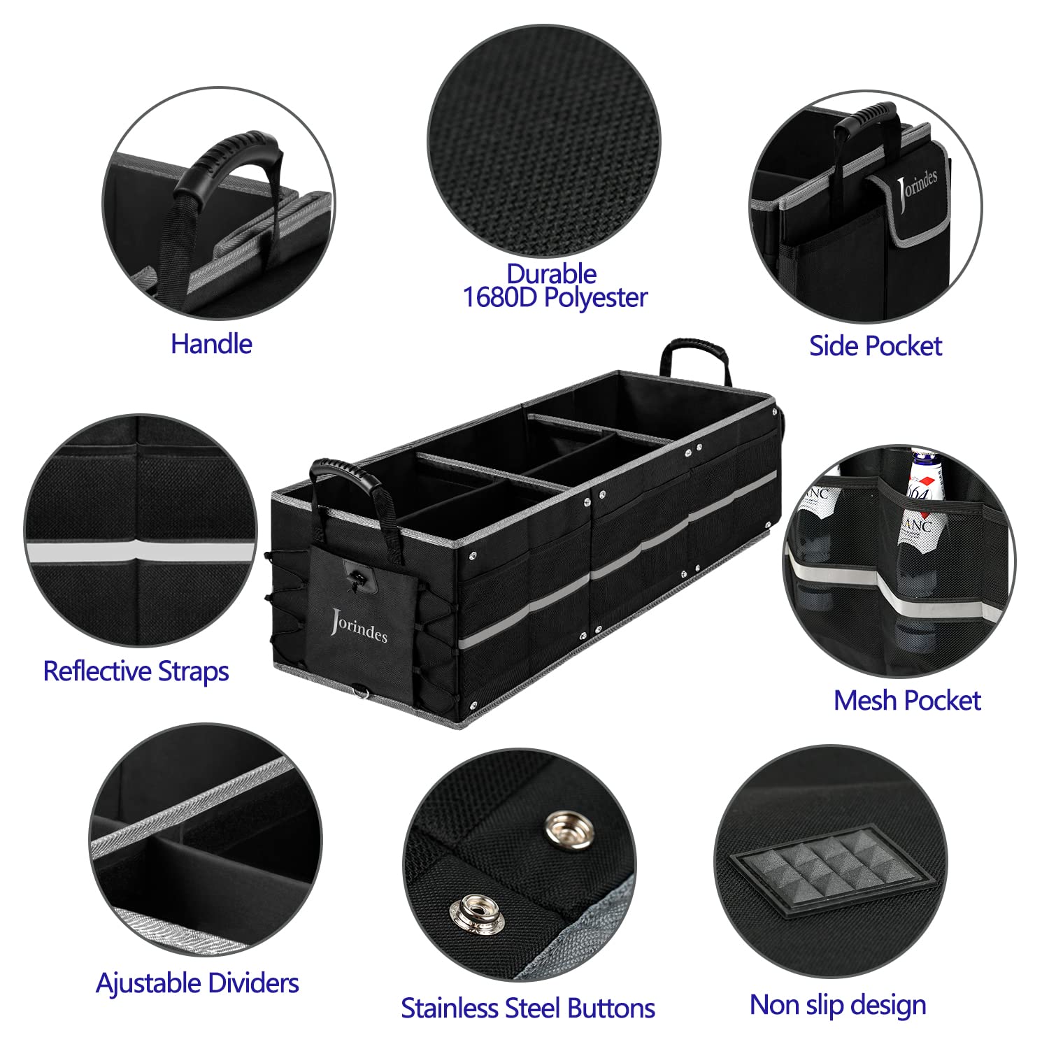 Jorindes Trunk Organizer With Reflective Stripe For Car,Cargo Organizer For Suv With Non Slip Bottom Strips,3 Large Compartments