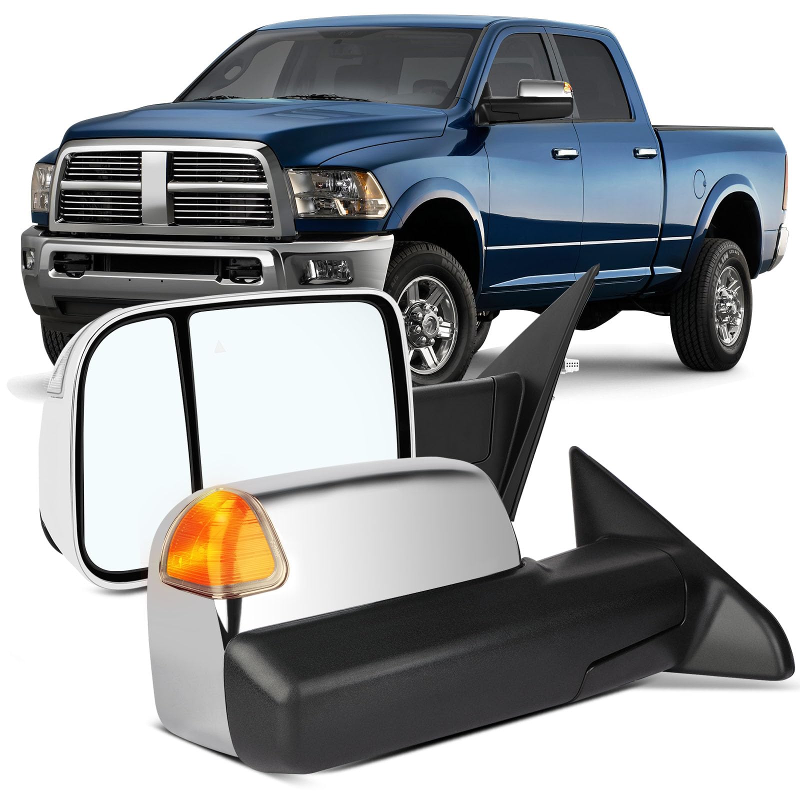 OCPTY Power Heated Towing Mirror Fit For Ram 1500 2019-2020 Power Heated Puddle Parallel Turn Signal Light Temp Sensor Chrome Dr