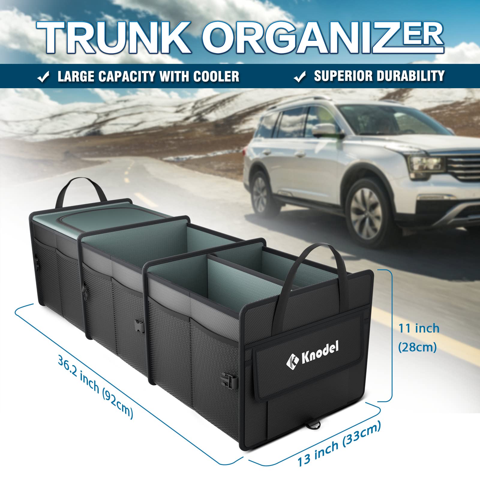 K Knodel Sturdy Car Trunk Organizer With Premium Insulation Cooler Bag, Heavy Duty Collapsible For Car, Suv, Truck, Or Van (3 Co