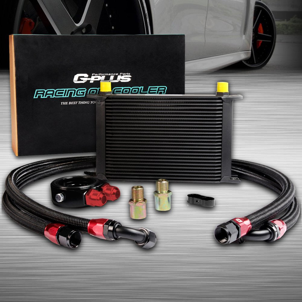 G-PLUS 25 Row AN10-10AN Universal Aluminum Engine Transmission Oil Cooler Kit Oil Filter Adapter Kit Black