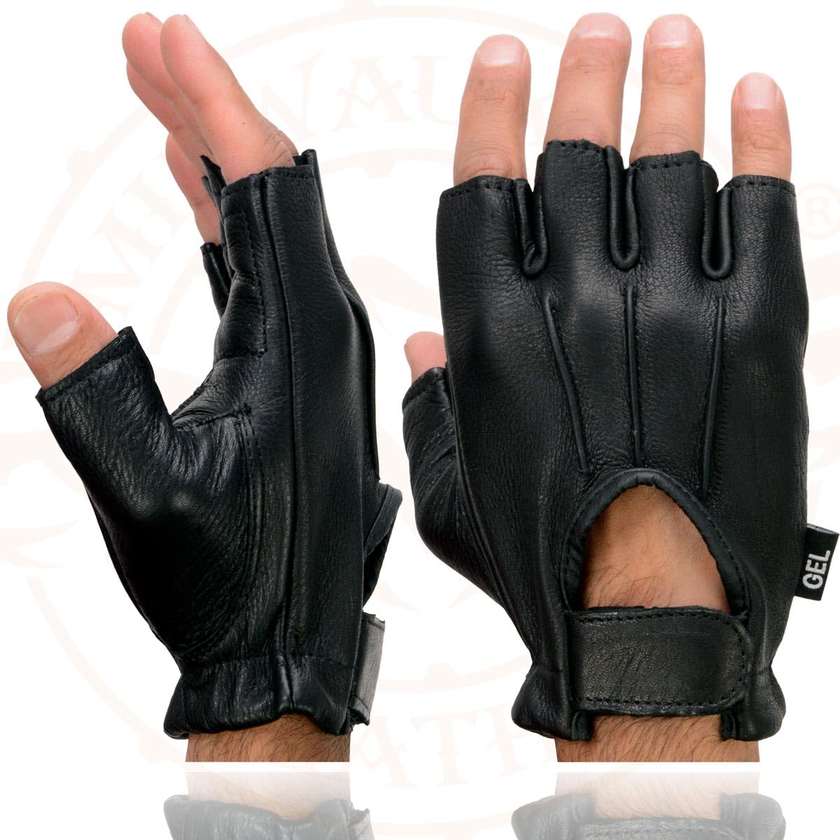 Shaf International SH878 Men's Black Leather Gel Padded Palm Fingerless Motorcycle Hand Gloves ‘Welted Genuine USA Deerskin’ - XXX-Large