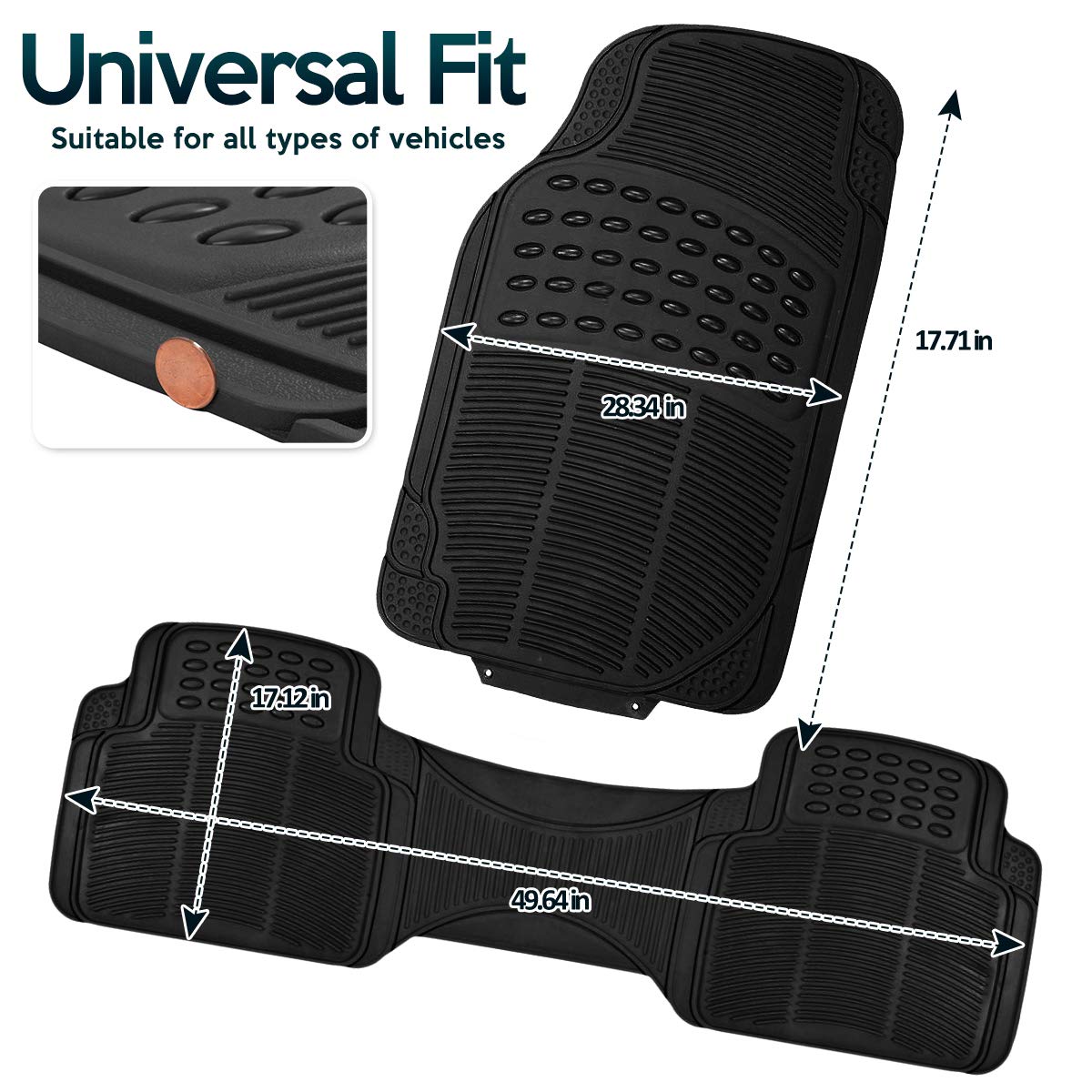 Zonetech All Weather Rubber Semi Pattern Car Interior Floor Mats - 4-Piece Set Black Heavy Duty Car Interior Floor Mats