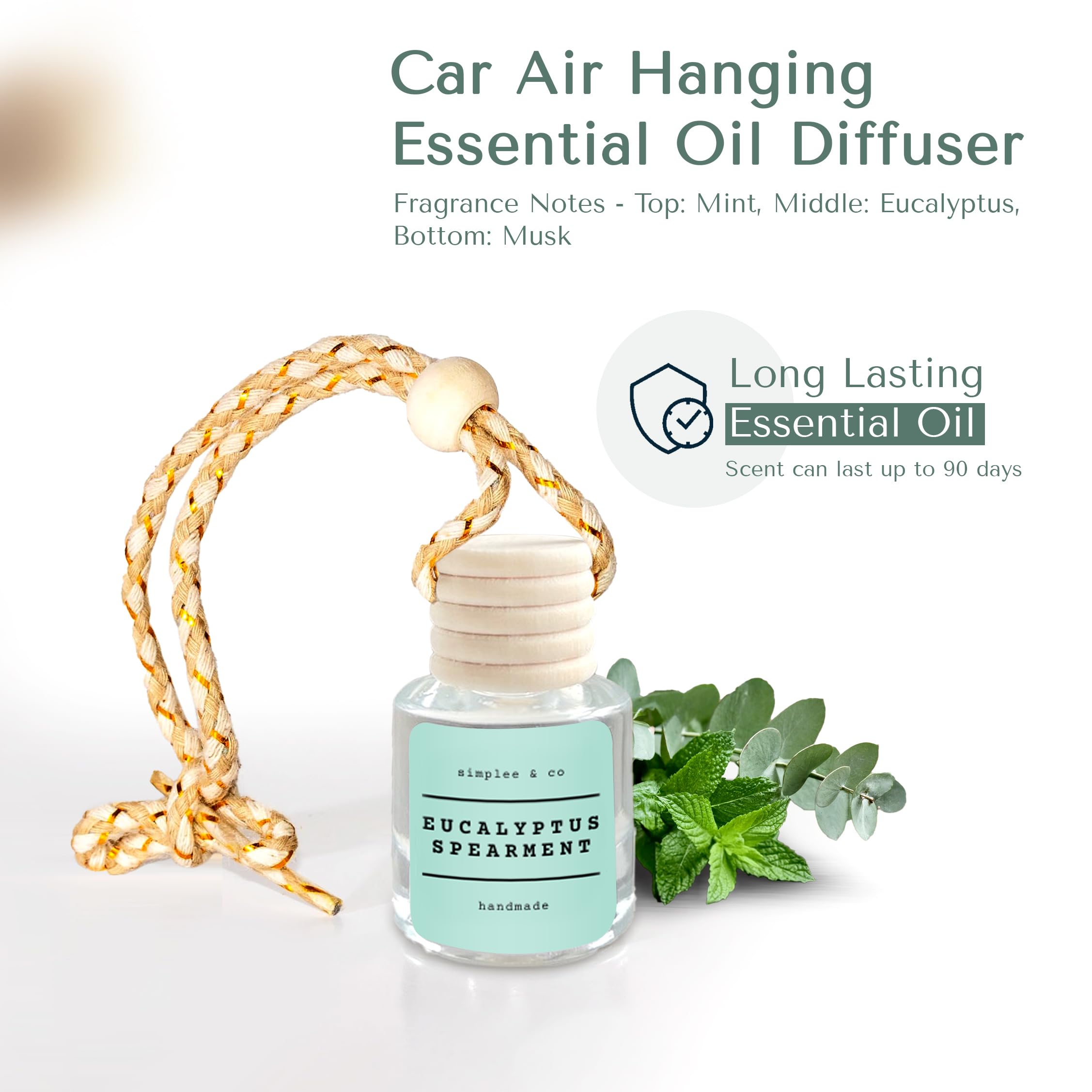 Eucalyptus & Spearmint Car Air Hanging Essential Oil Diffuser, Car Air Freshener Diffuser With Long Lasting Essential Oils, Arom