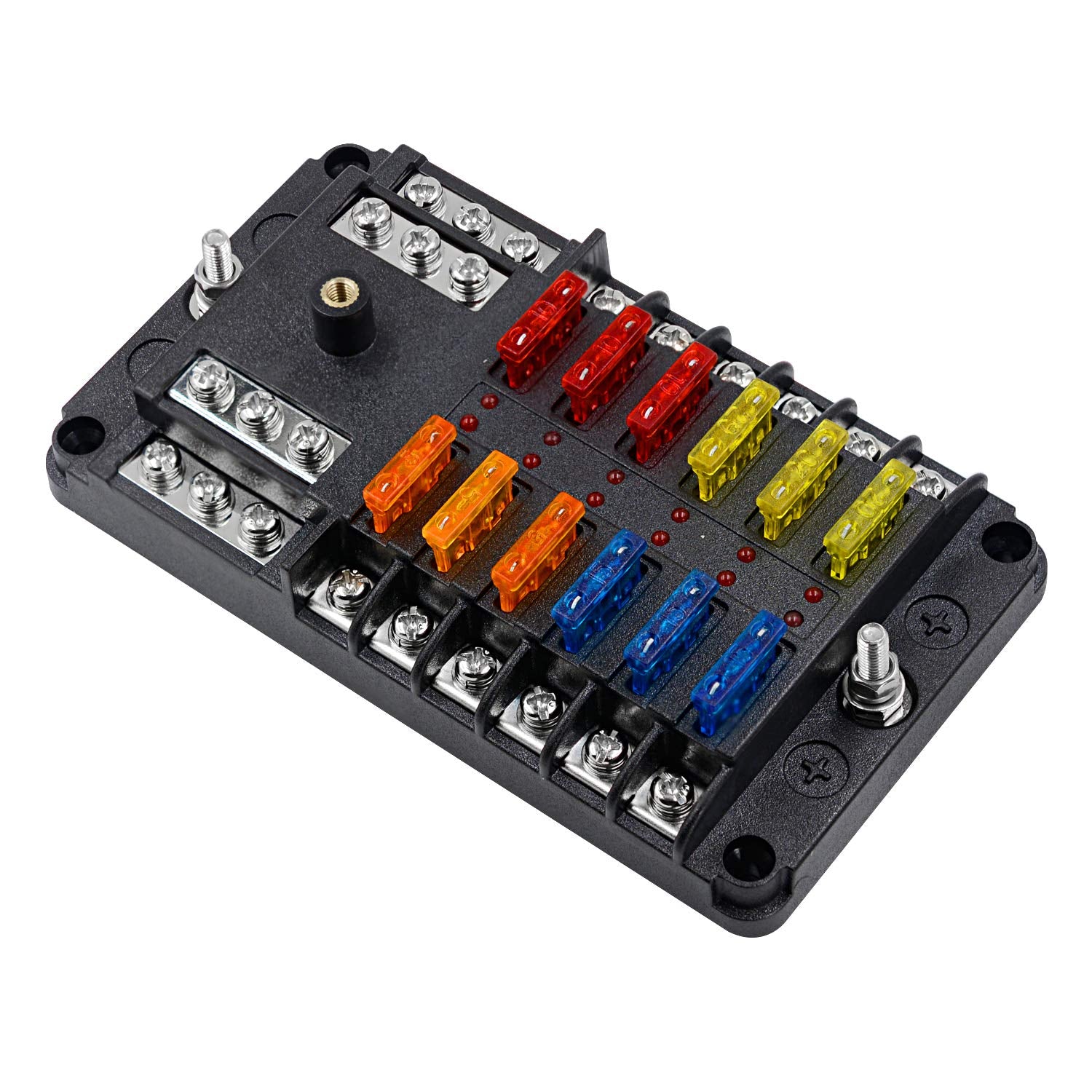 12 Way Fuse Block W/Negative Bus - Atc/Ato 12 Circuit Fuse Box With Ground, With Negative Bus & Protection Cover, Bolt Connect T