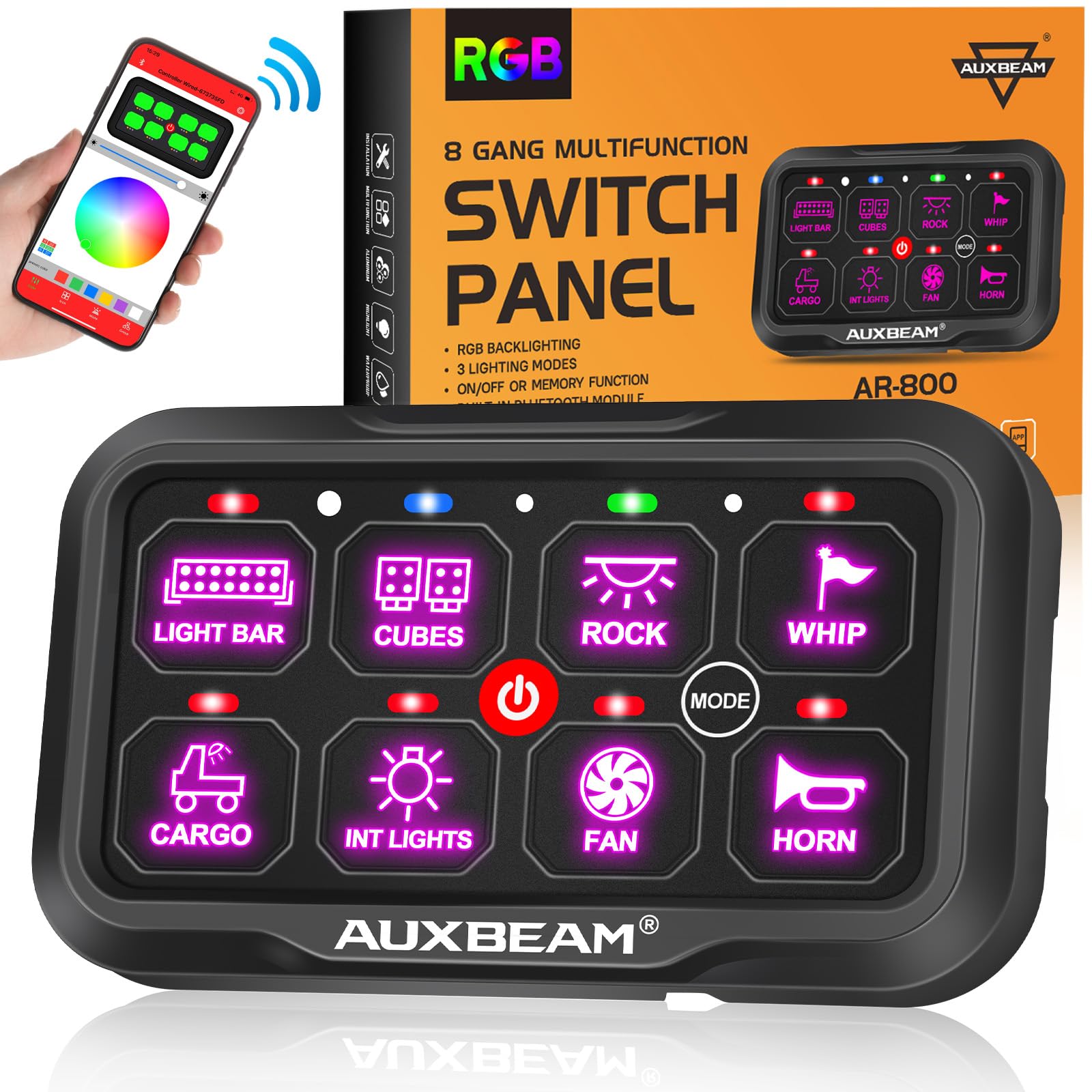 Auxbeam 8 Gang Switch Panel Bluetooth Ar-800 Rgb Switch Pod With Backlit Off Toggle Momentary Pulsed Auxiliary Switch Panel For