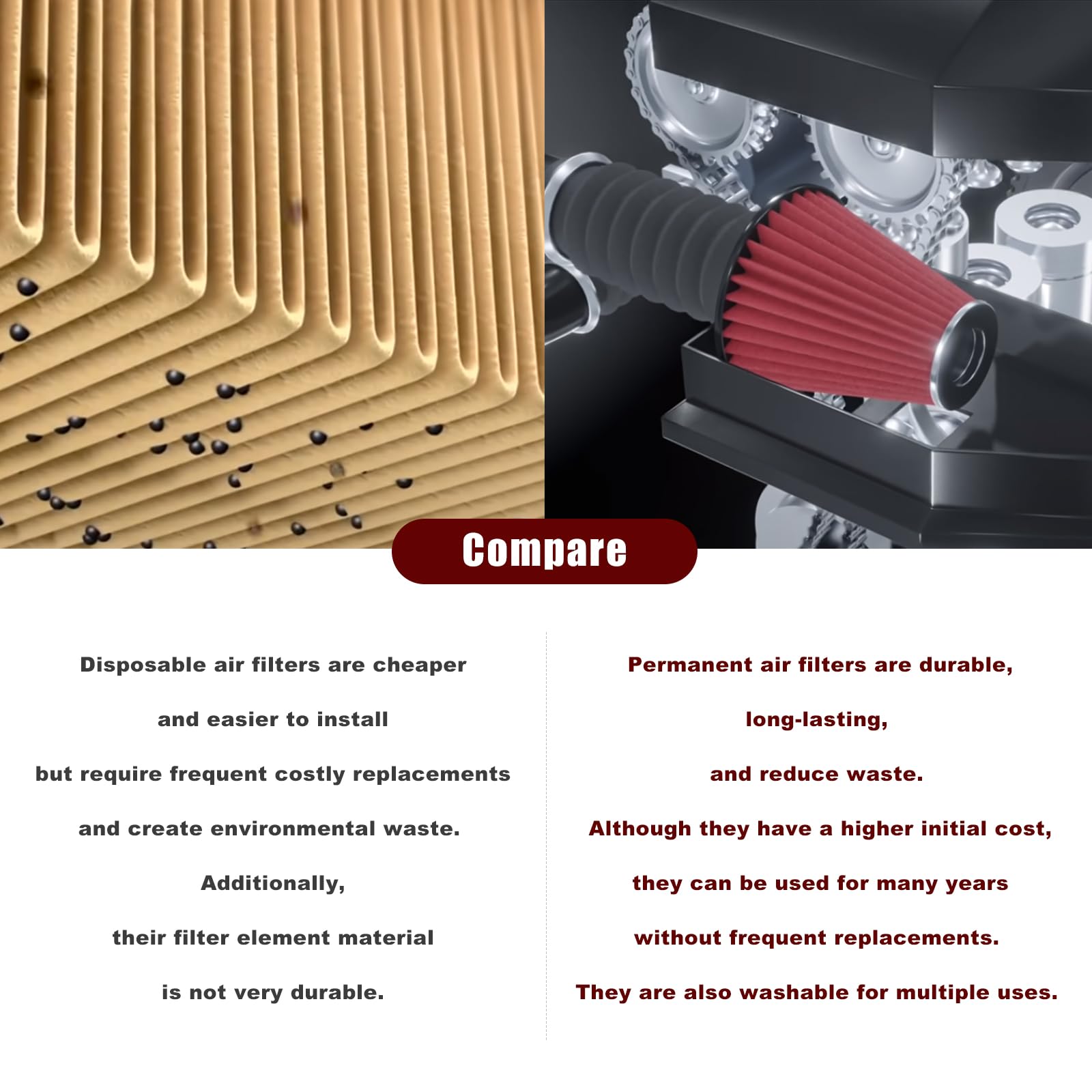 RYANSTAR RACING 76mm 3'' High Flow Round Tapered Cone Cool Air Filter Cleaner with Top Filter Design Long 270mm Tall