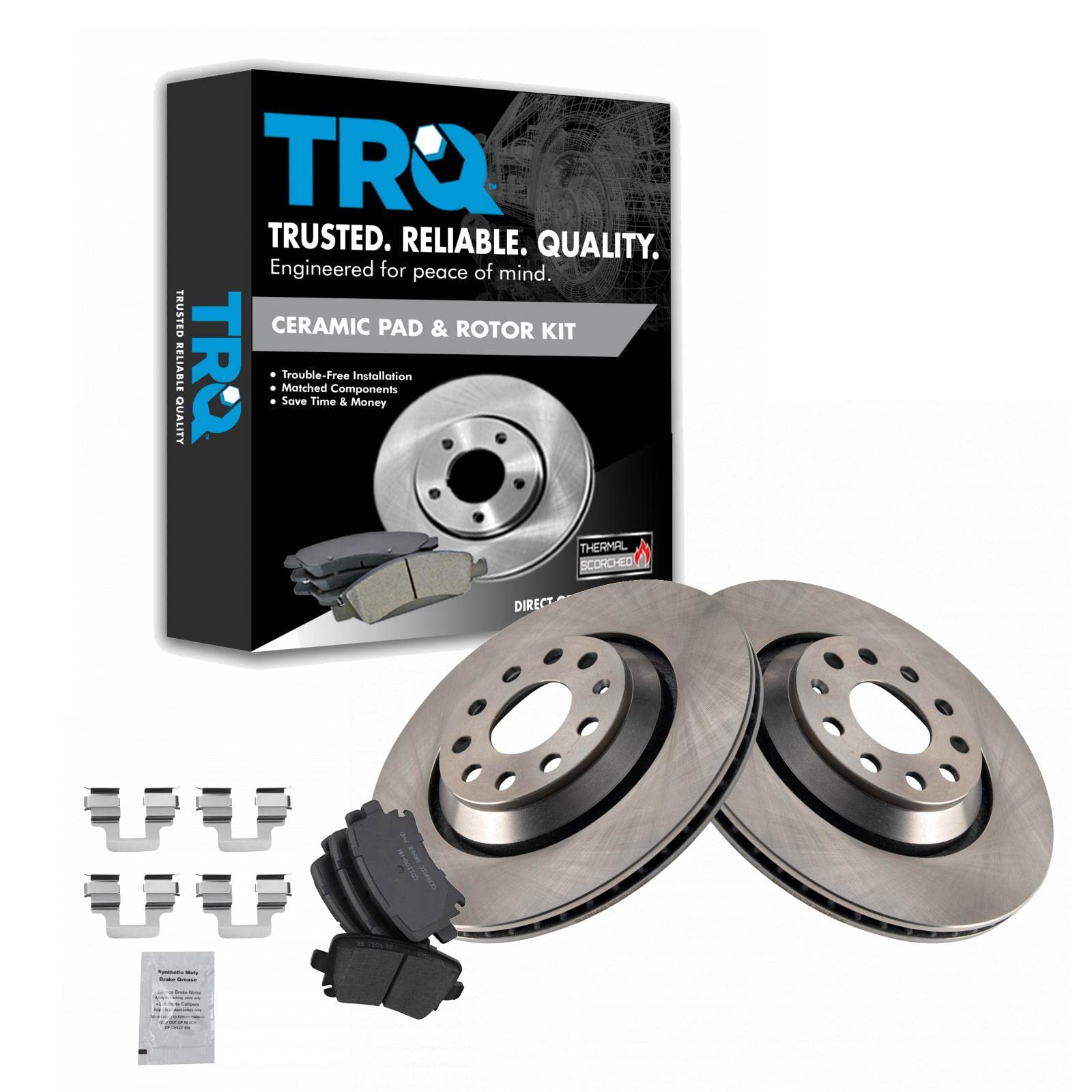 TRQ Rear Brake Pad & Rotor Kit Brake Pads Brake Rotor Ceramic Vented Compatible with 2009-2013 Volkswagen CC 2010 Passat 2008 R3