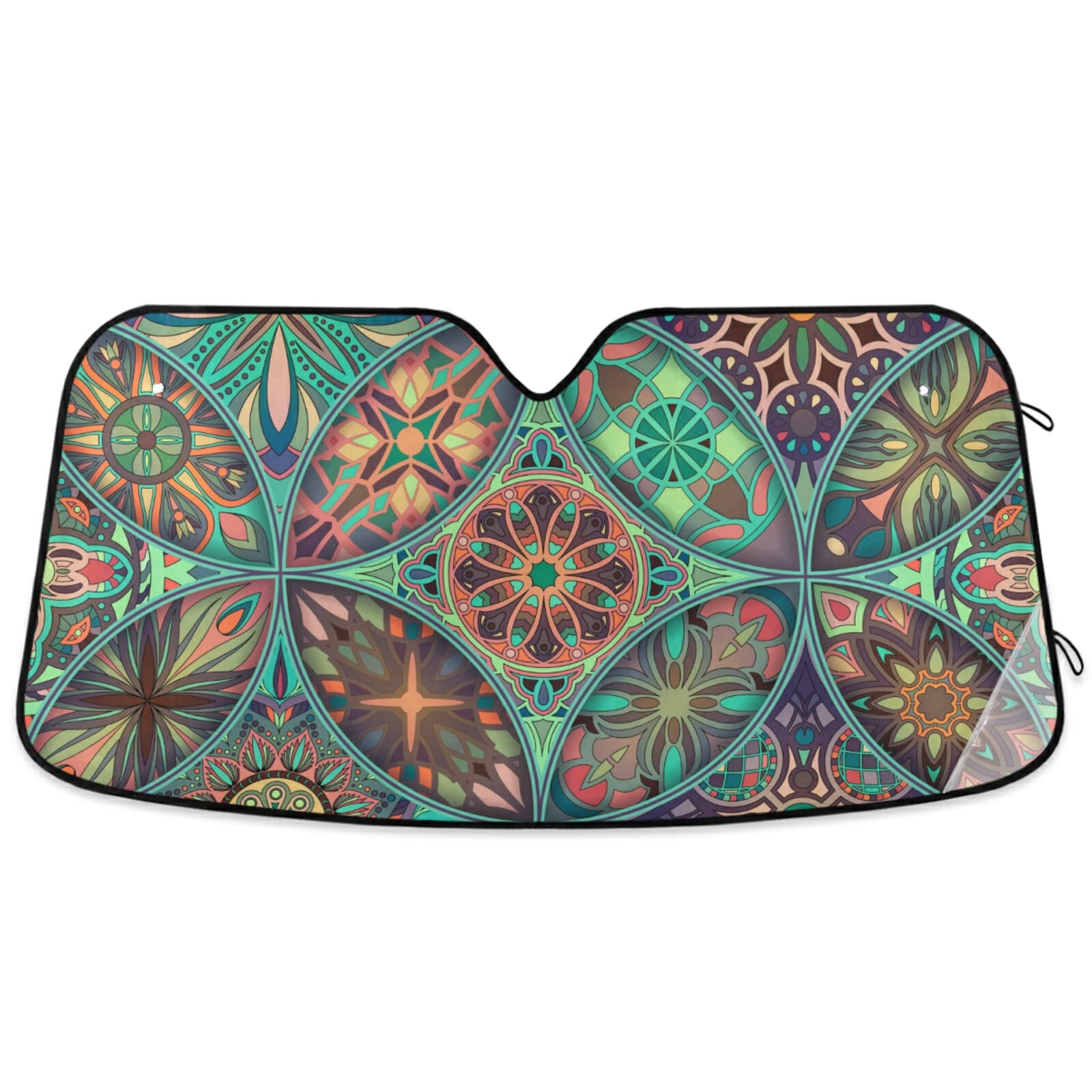 Oarencol Boho Ethnic Car Windshield Sun Shade Bohemian Mandala Floral Paisley Green Foldable Uv Ray Sun Visor Protector Sunshade