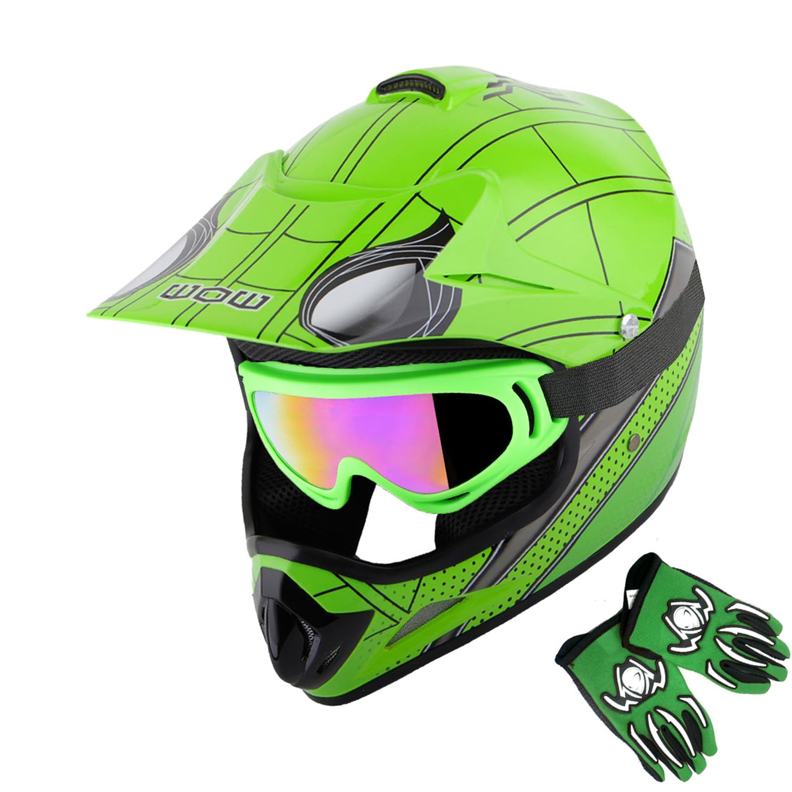 Wow Youth Kids Motocross Helmet Bmx Mx Atv Dirt Bike Helmet Spider Green + Goggles + Mg Youth Green Glove Bundle