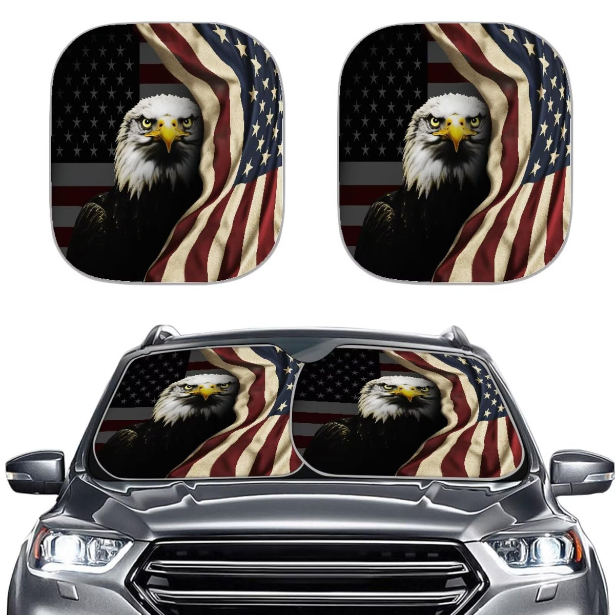 Huisefor American Flag Car Windshield Sun Shade 2 Piece Eagle Windshield Cover For Sedan Reflective Uv Blocking Sunshade For Suv