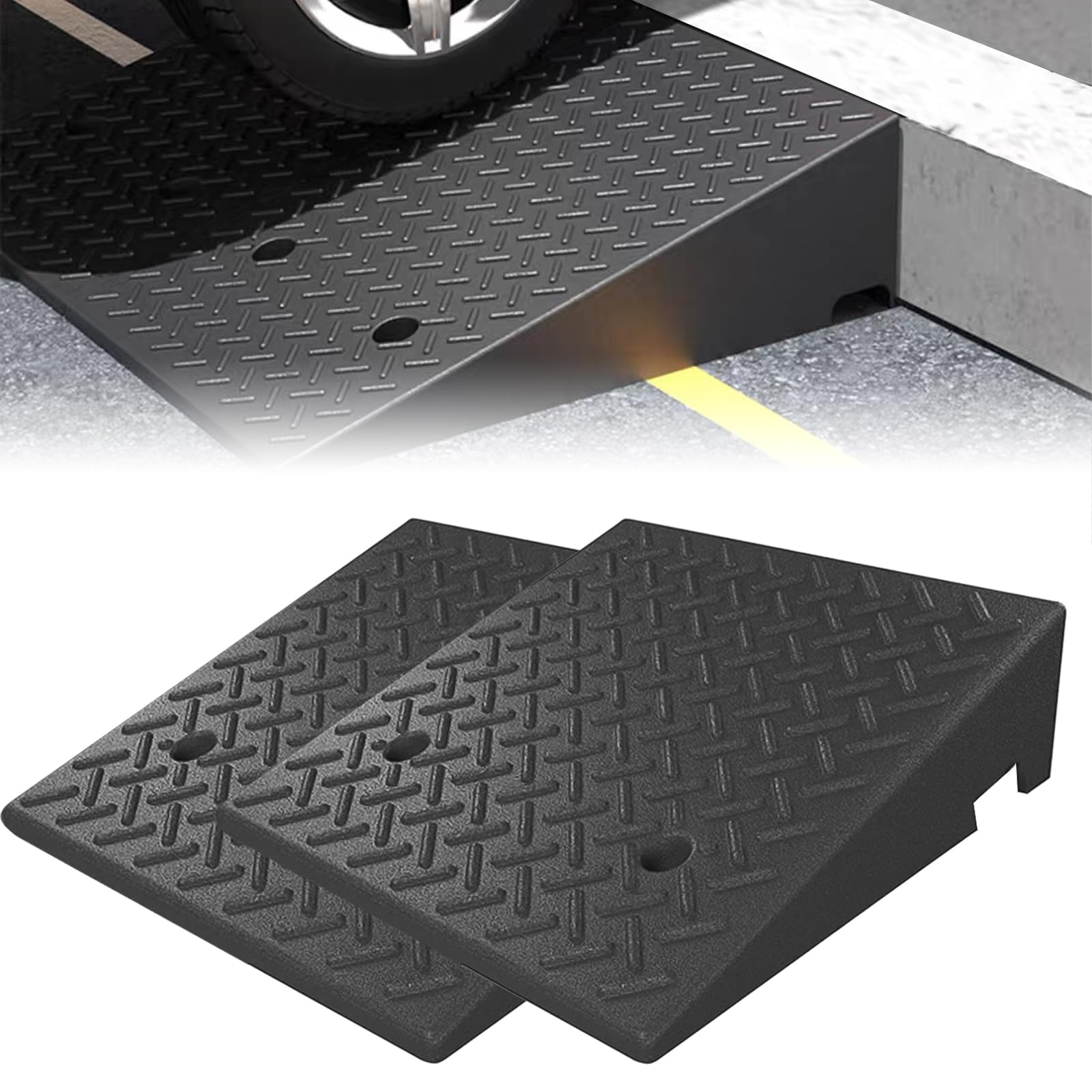 Lakexus 2Pcs Rubber Curb Ramp, 20'*20'*7' Threshold Ramp, Heavy Duty 6800Lbs Capacity Driveway Curb Ramp, Portable Shed Ramps For Low Cars Vehicle Motorcycle Wheelchairs Bikes
