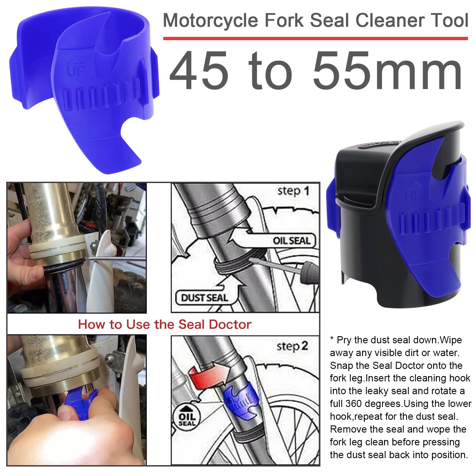 Windance Motorcycle Fork Seal Saver Cleaner,Front Fork Seal Clean Tool, Shock Repairing Absorber Tool 45mm-55mm (Blue)