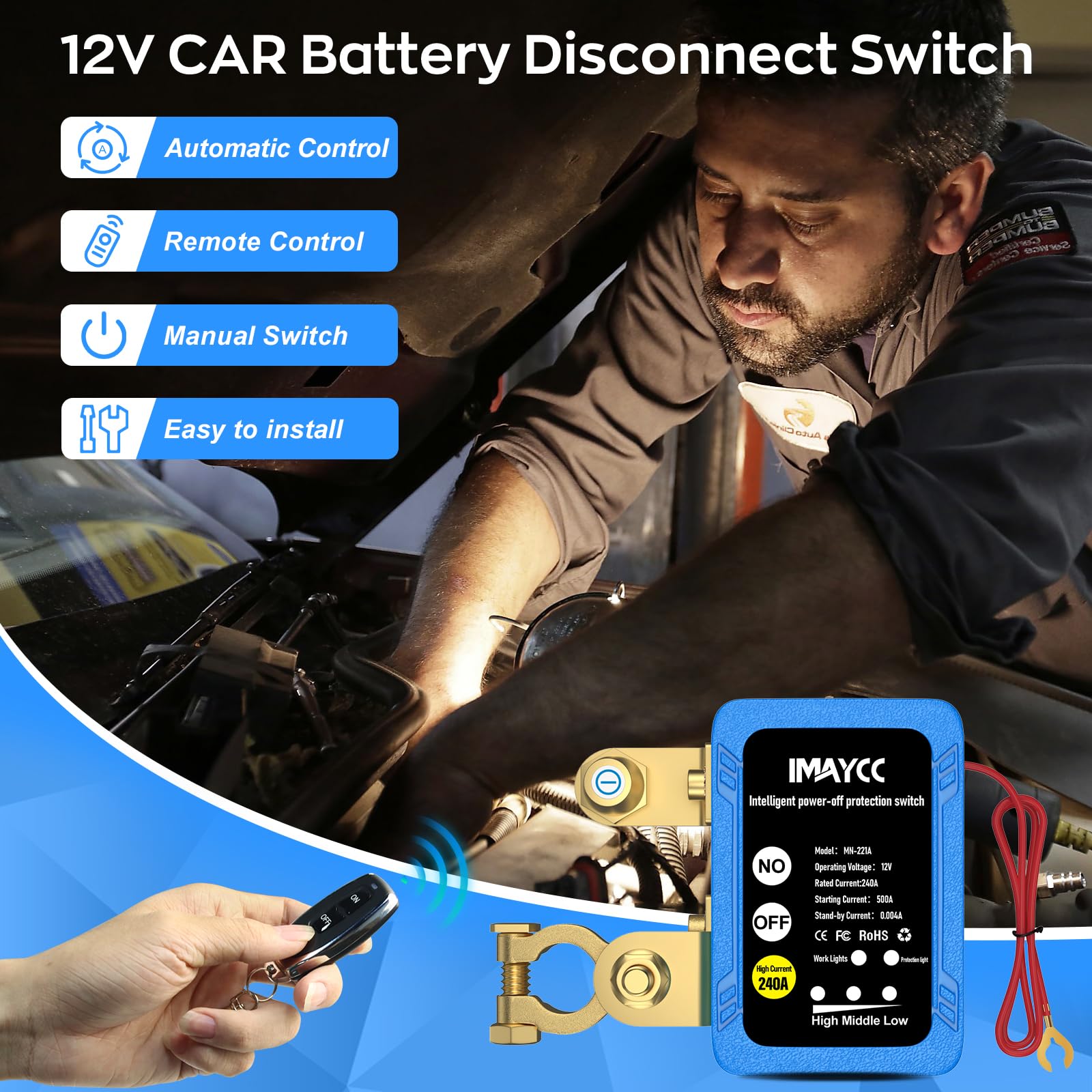 IMAYCC Kill Switch for Car, Remote Battery Disconnect Switch 12V 240A, Car Battery Kill Switch Anti Theft, Automatic Cut/Shut Of
