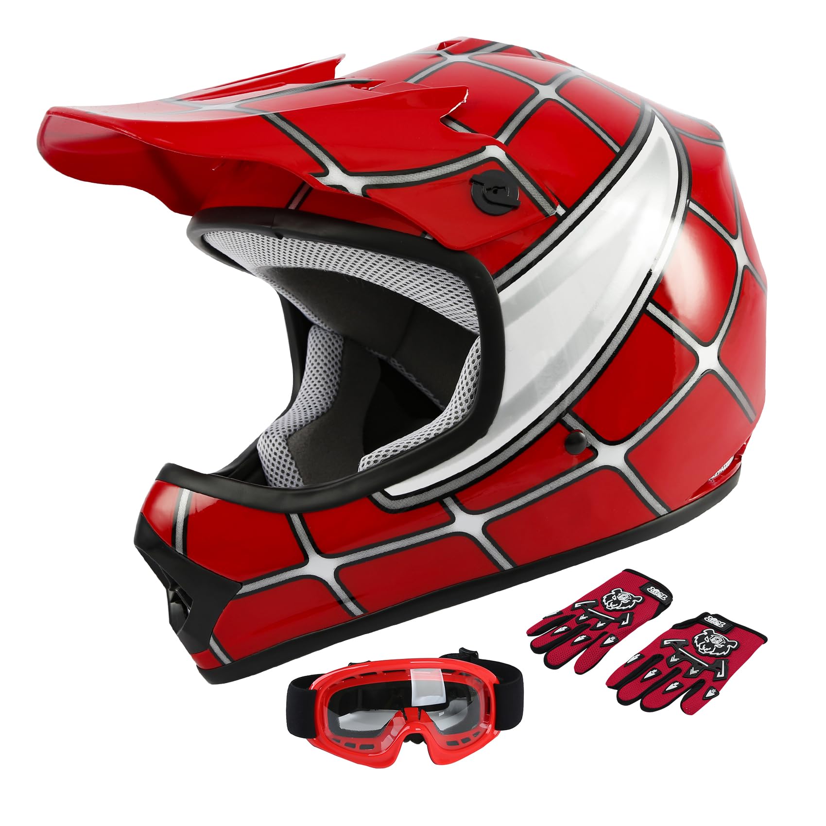 SLMOTO Youth Motocross Helmet Set - Large Red Spider Design with Goggles & Gloves, Durable ABS Material