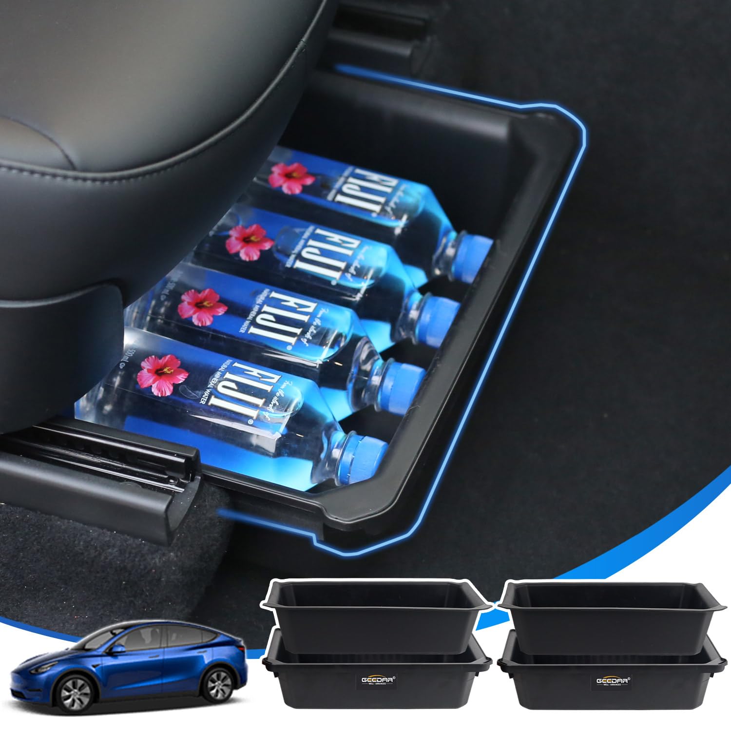 Geedar 2 Pack Tesla Model Y Under Seat Storage Box Organizer, Upgraded Abs + Tpe Double Layer Hidden Storage Box, Washable Under