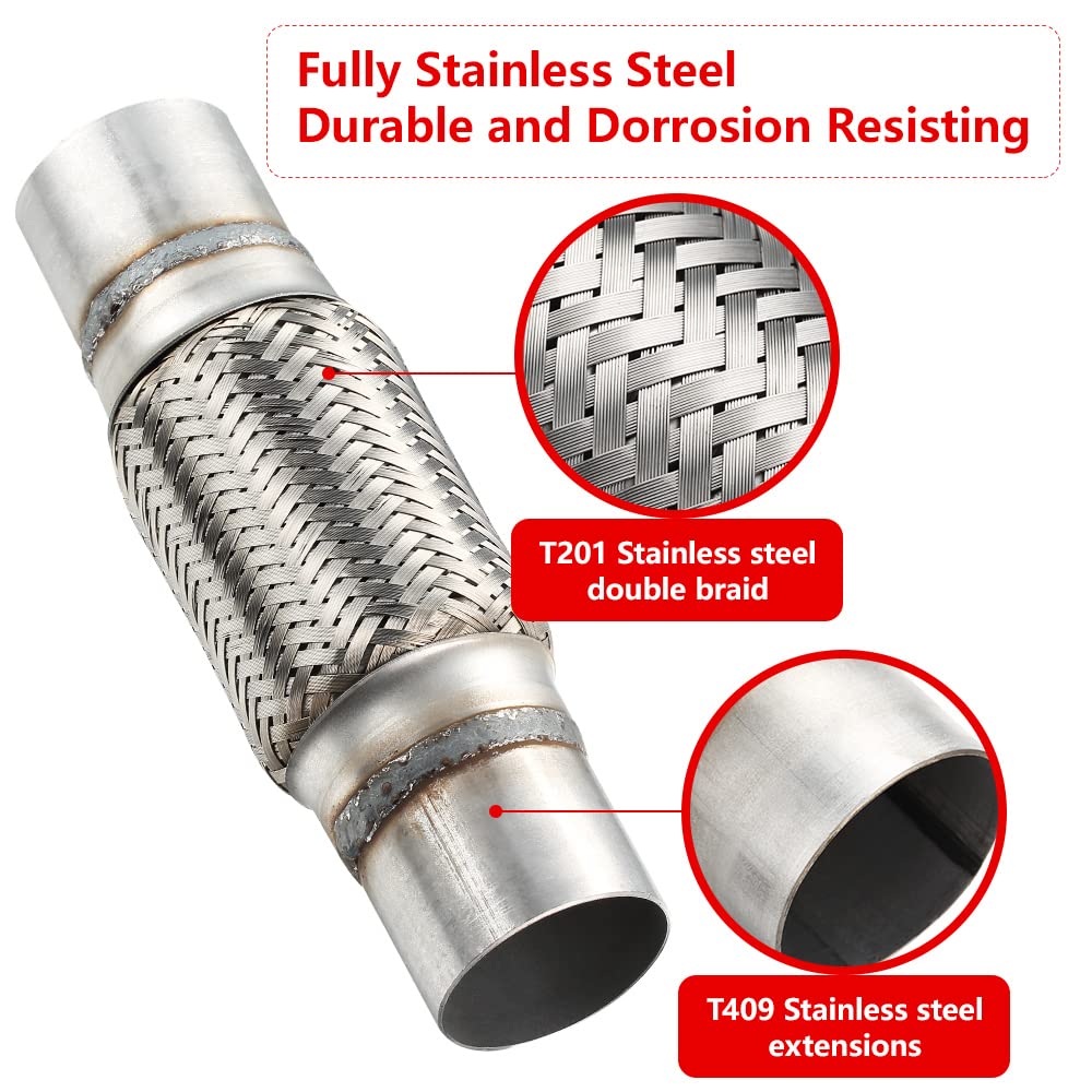 Autarboor Exhaust Flex Pipe, 2.25''X 6''Stainless Steel Heavy Duty Exhaust Flex Pipe, Double Braid Exhaust Flex Tube, Overall Le