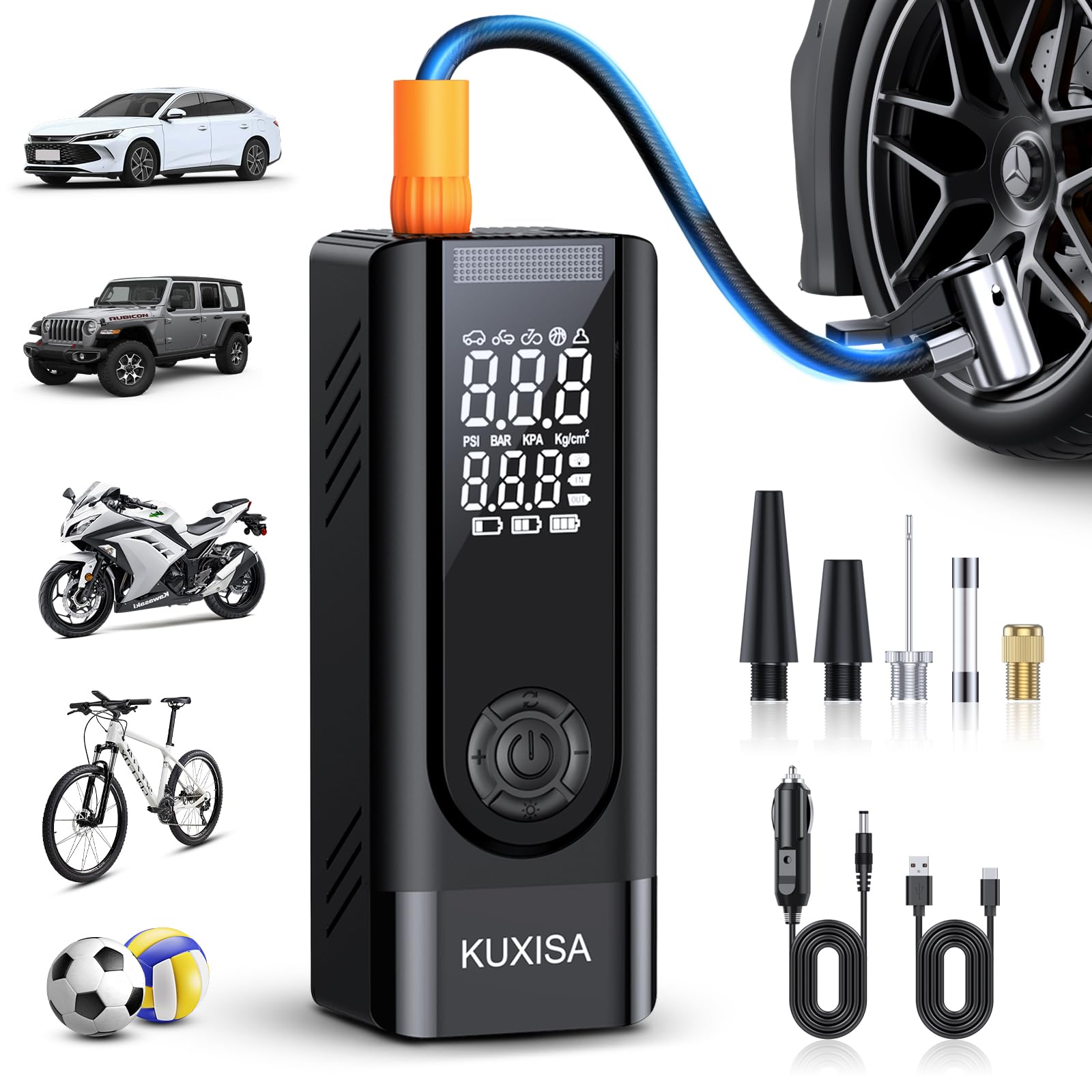 KUXISA Tire Inflator Portable Air Compressor, 180PSI Air Compressor with Digital Pressure Gauge, 3X Faster Portable Air Pump for