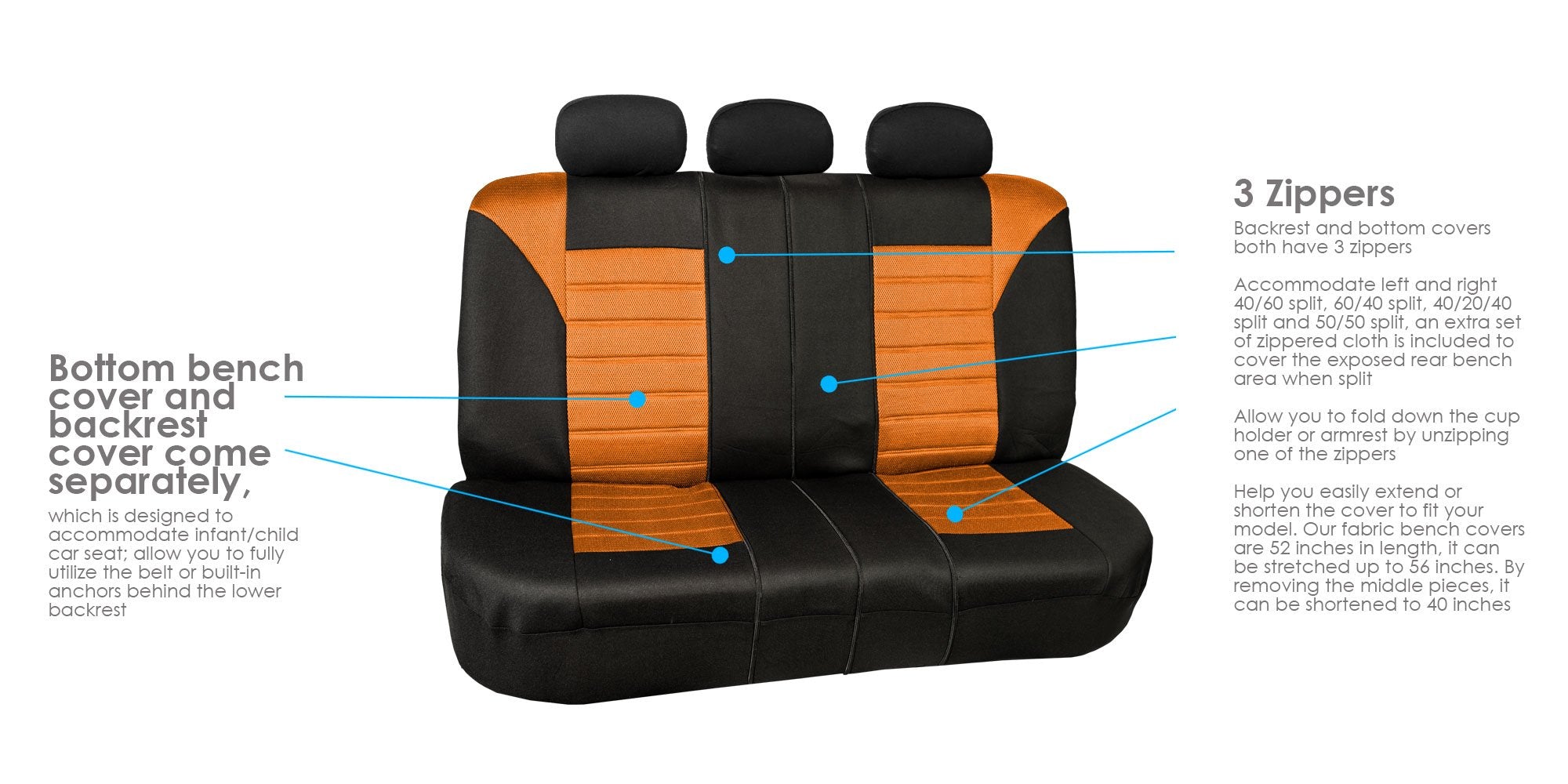 Fh Group Automotive Car Seat Covers Full Set Premium 3D Air Mesh Orange And Black Seat Covers, Airbag Compatible And Split Bench