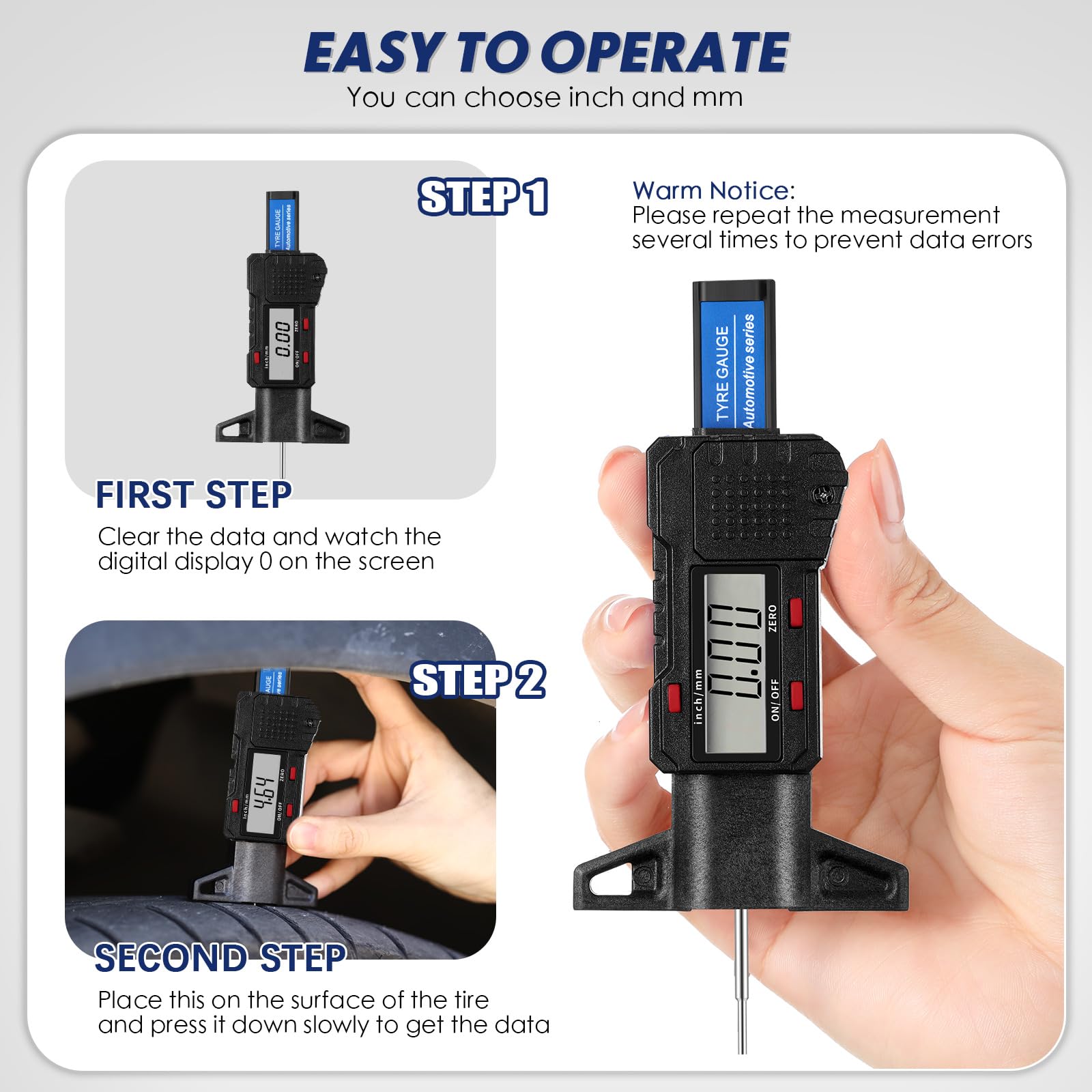 Lcd Display Tire Thread Measuring Gauge Digital Tire Depth Gauge Tire Tread Depth Gauge Digital Tread Depth Gauge Blue Tire Wear Gauge Tread Checker With Inch Mm Conversion For Motorcycle Car Truck