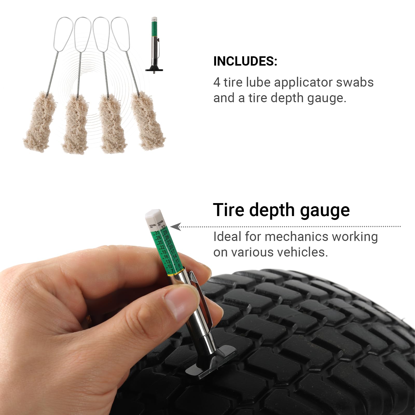 Calvana Extra Long Handle Tire Lubricant Brush Applicator Swab Set (Pack Of 4), 12.5 Inch Long, Come With Tread Depth Gauge | Un