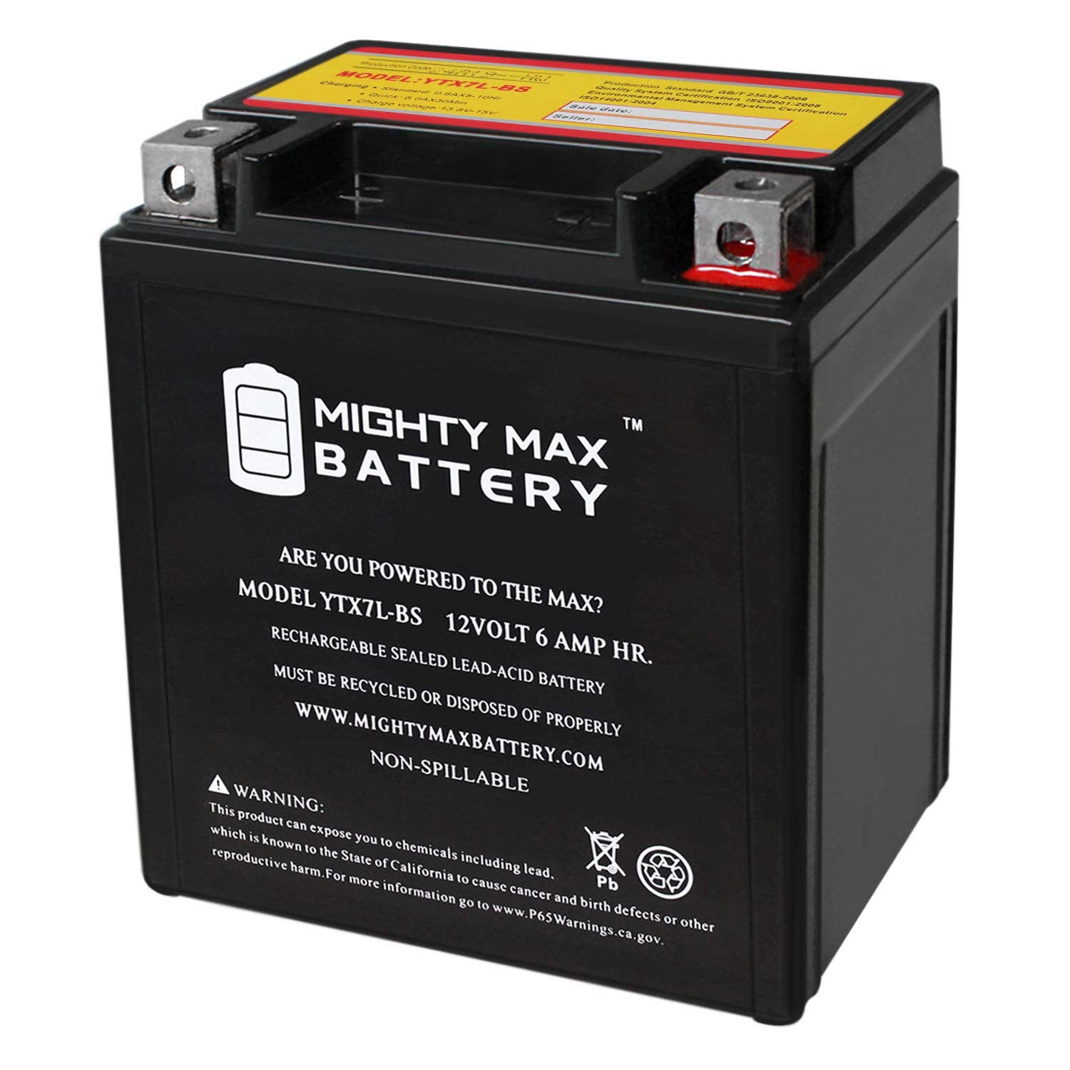 Mighty Max Battery Ytx7L-Bs -12 Volt 6 Ah, 100 Cca, Rechargeable Maintenance Free Sla Agm Motorcycle Battery
