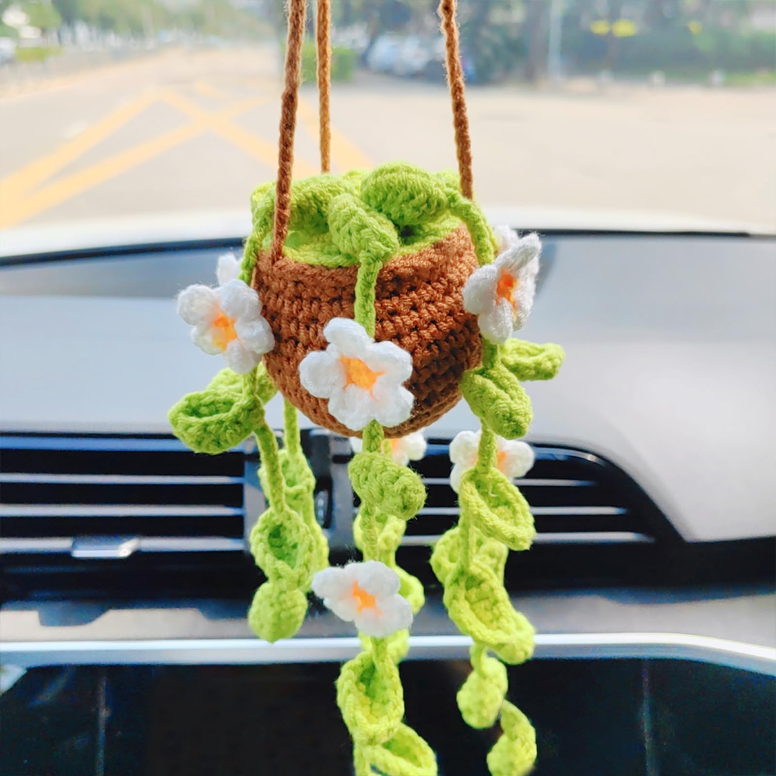 Motaney Potted Plants Crochet Rear View Mirror Accessories, Hand Crocheted (Glue Free) Safe Car Hanging Ornament, Car Mirror Han