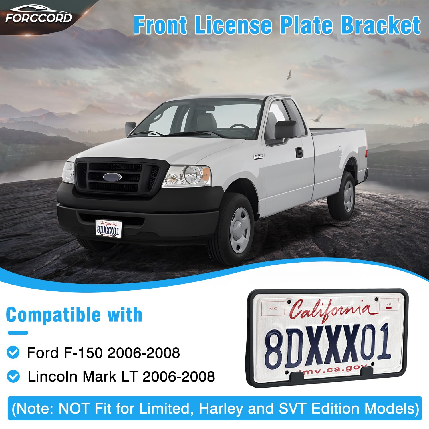 Forccord Custom Fit For License Plate Bracket Ford F-150 2008 2007 2006 Front License Plate Frame Black Car Accessories Replacem