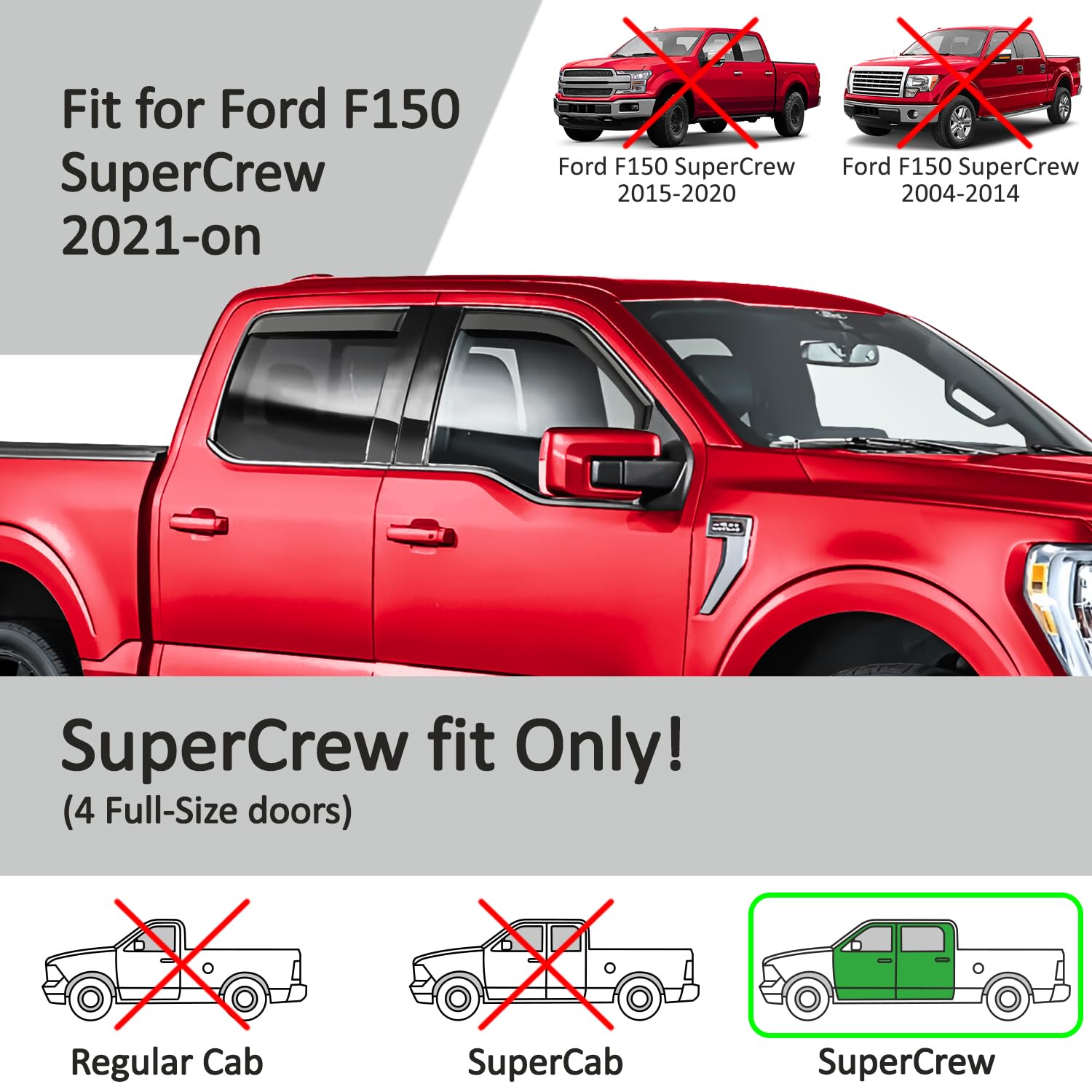 Voron Glass In-Channel Extra Durable Rain Guards For Ford F150 2021-2025 Supercrew, Window Deflectors, Vent Window Visors, 4 Pie