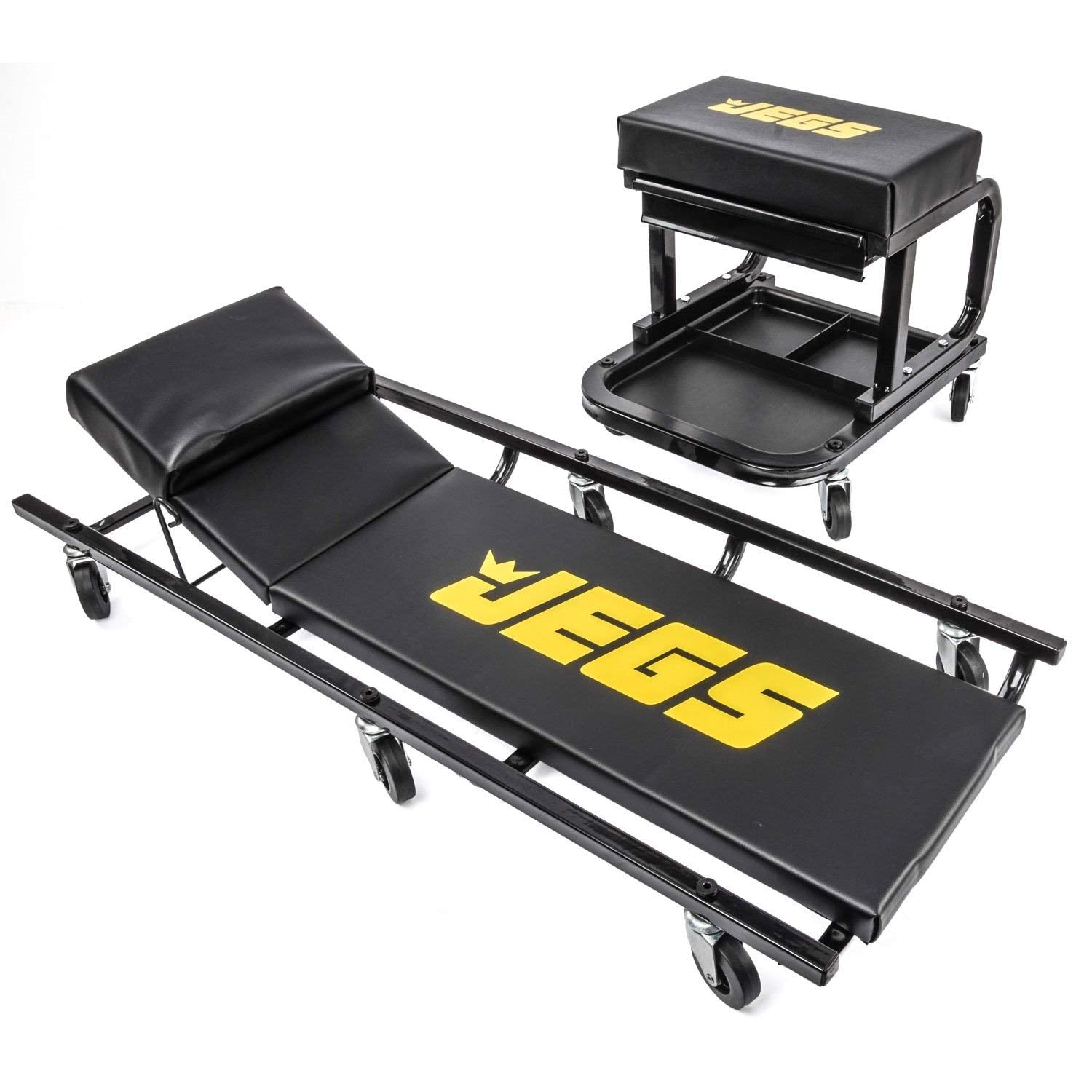 Jegs Creeper And Mechanic Seat Set | Memory Foam Padding | Black Logo | 350 Lbs Capacity | 2     Caster Wheels