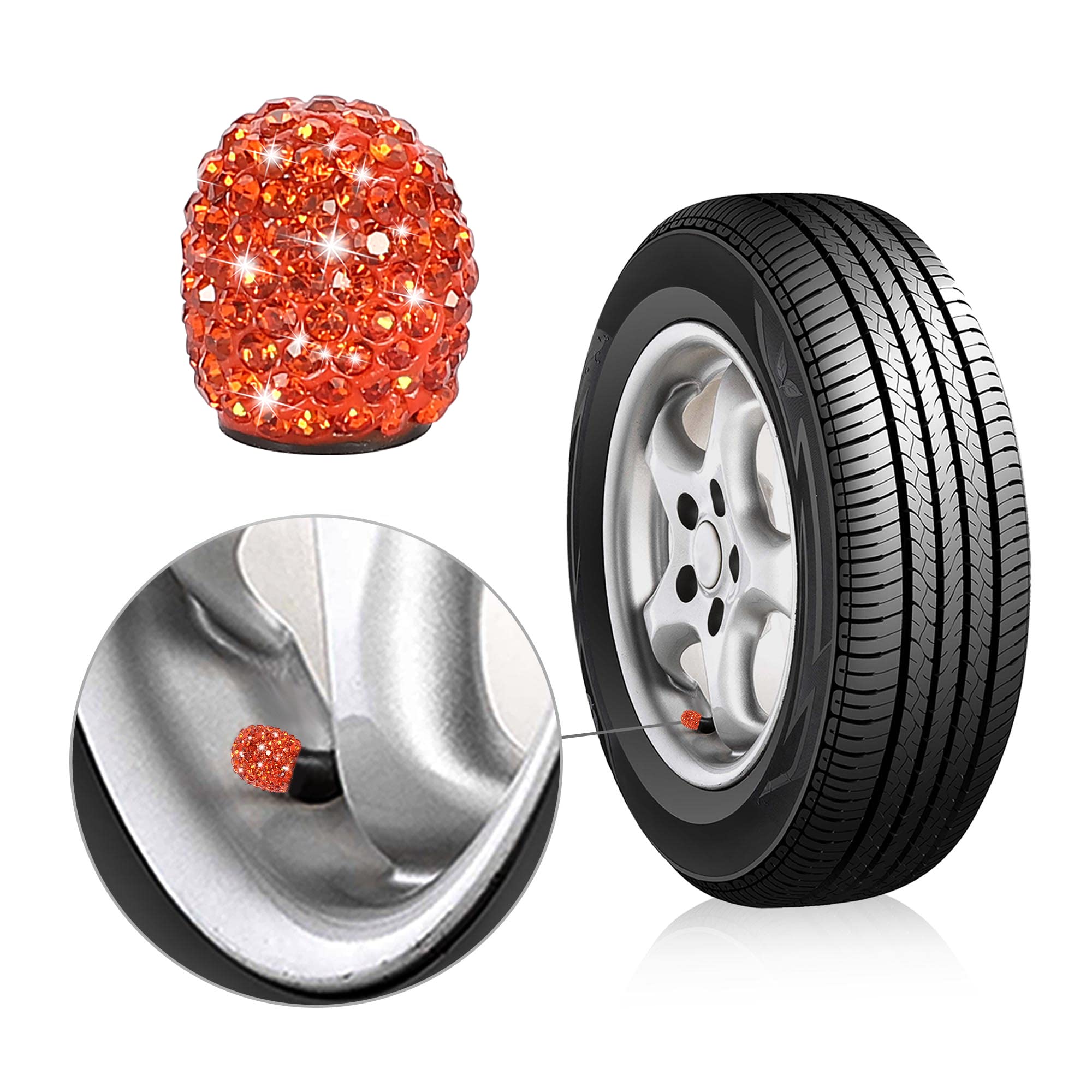 Winka Set Of 4 Rhinestone Tire Valve Stem Caps Bling Car Accessory Compatible With Universal Wheel Air Stem Valve Orange
