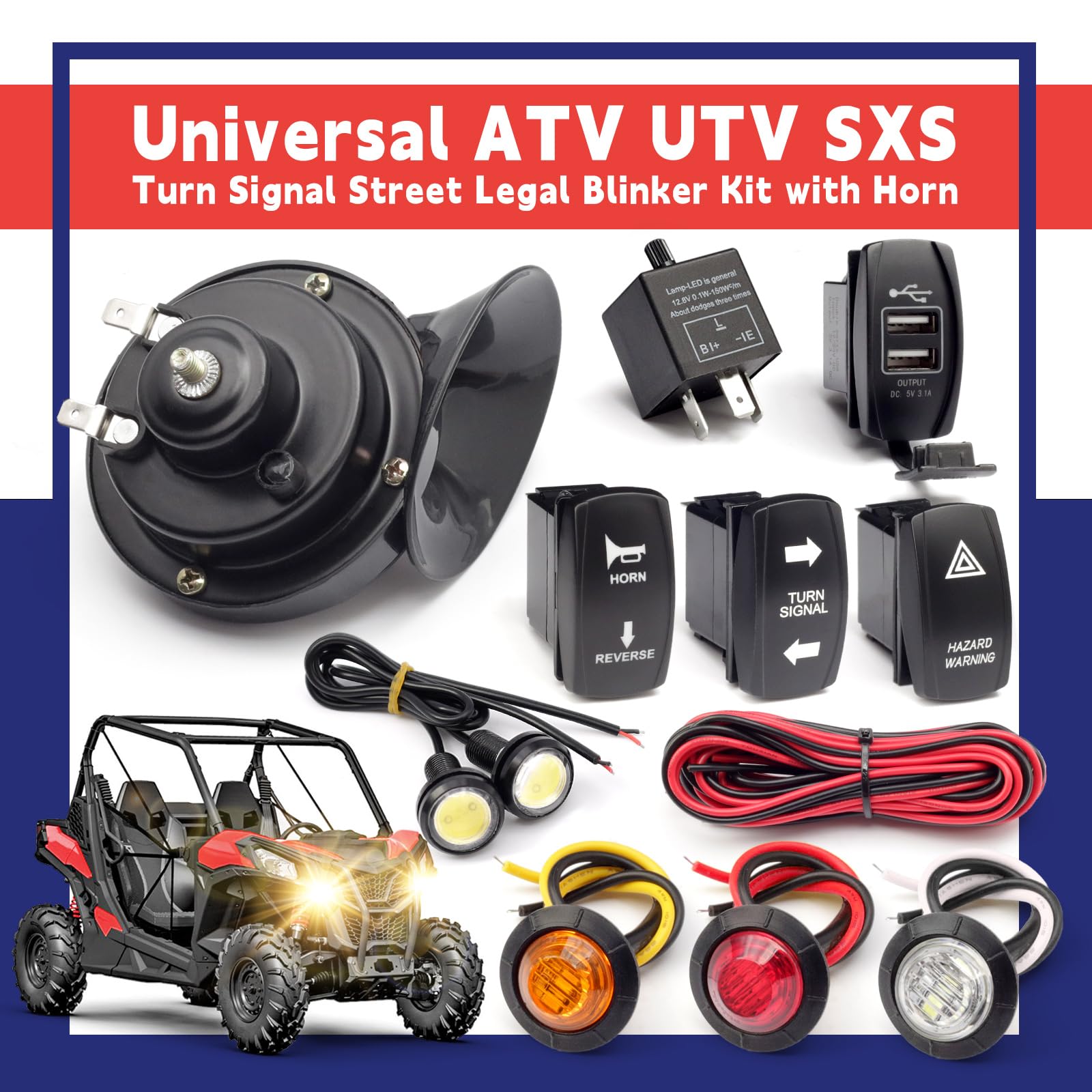 Universal ATV UTV SXS Turn Signal Street Legal Blinker Kit with 110DB Horn Reverse Hazard Light Rocker Switch USB Flasher Relay