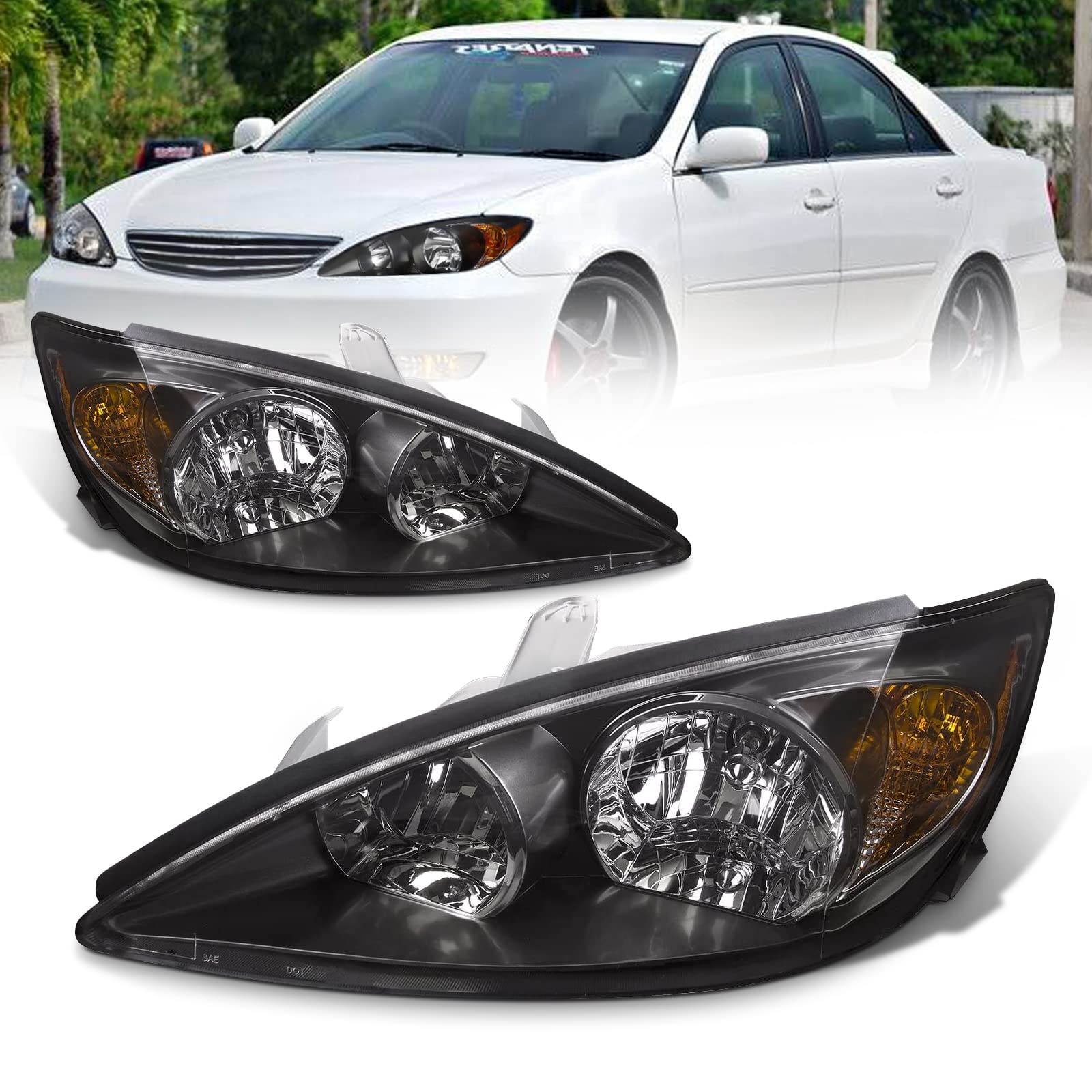 As Headlight Assembly Compatible With 2002 2003 2004 Toyota Camry Chrome Housing Amber Reflector Clear Lens Driver And Passenger