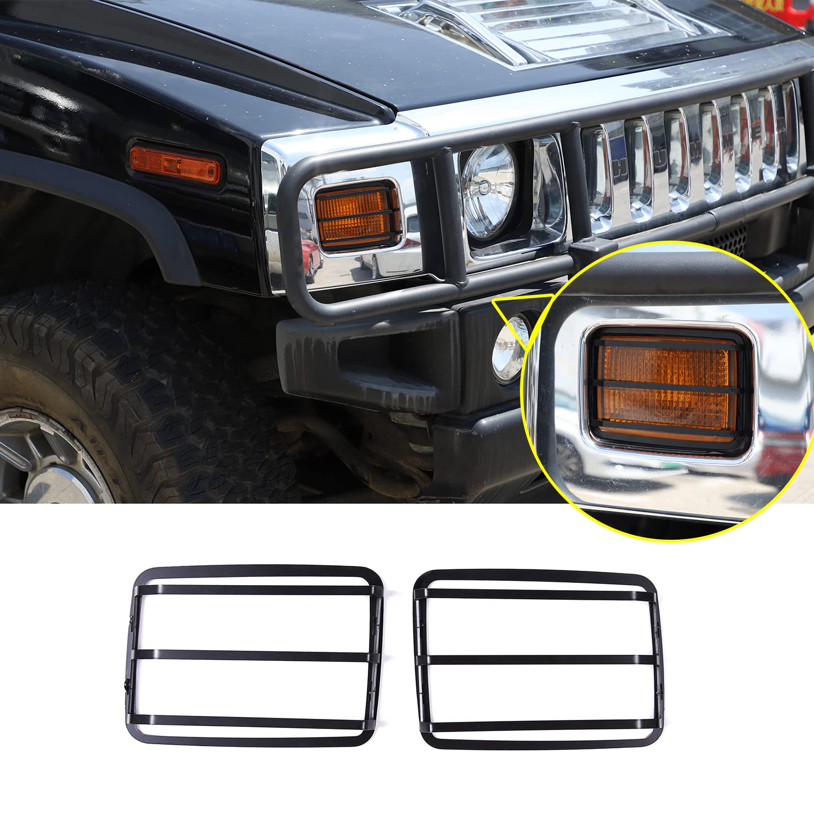 Piugilh Front Turn Signal Light Cover Guard Fit For Hummer H2 2003-2009, Carbon Steel Front Lamp Cover Guard Cover Trim 2 Pcs