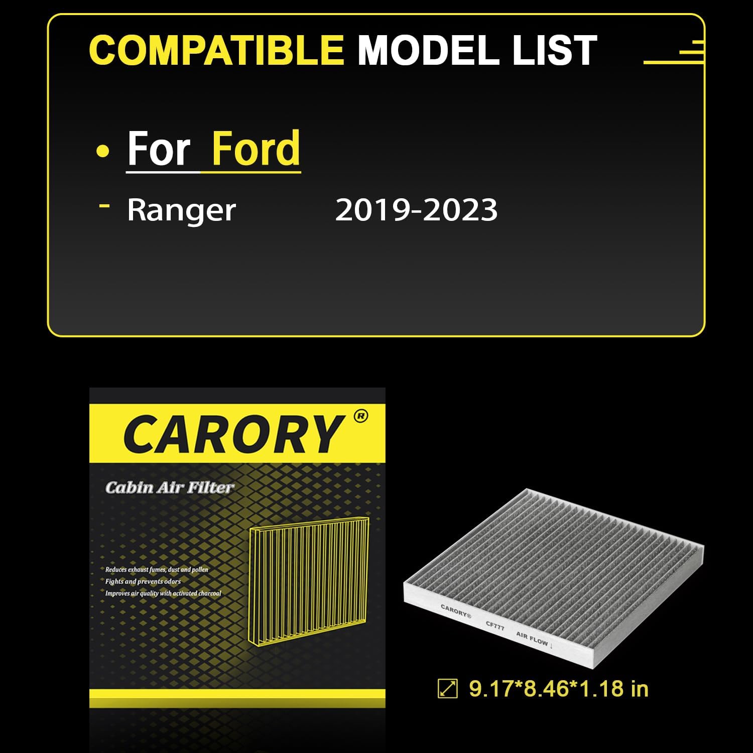 CARORY Cabin Air Filter w/Activated Carbon for Ford Ranger 2019 2020 2021 2022 2023, KB3Z19N619A, CF12776, FP-88