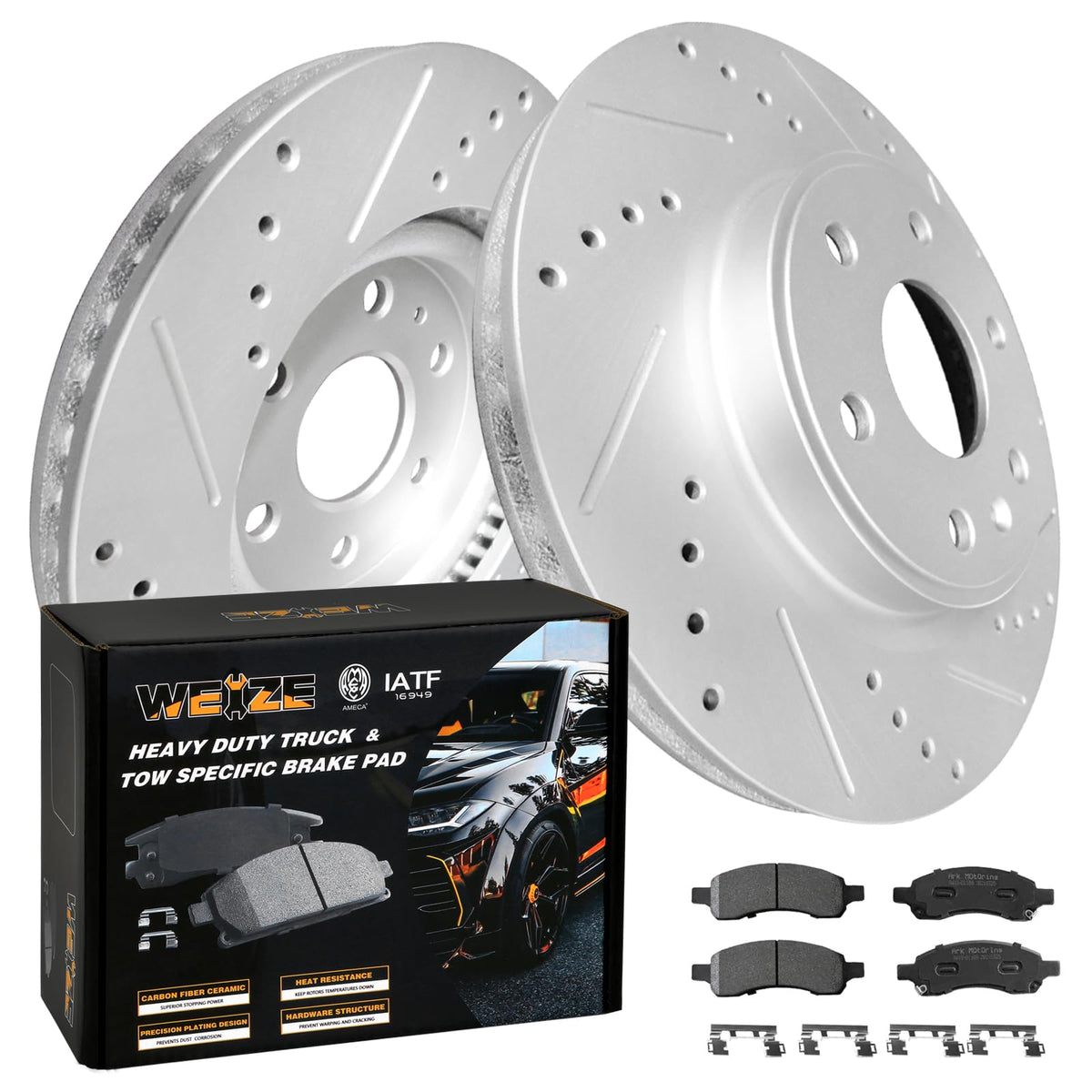 Weize Front Truck & Tow Brake Kit, Carbon Fiber Ceramic Brake Pads & Drilled/Slotted Brake Rotors, Fit For Chevy Traverse Buick