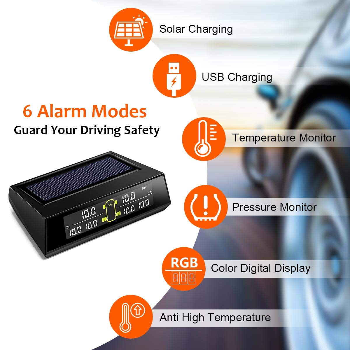 RV TPMS Tire Pressure Monitoring System, TS200 Solar Wireless TPMS with 6 Tire External Sensors Digital LCD Display RV Auto Secu