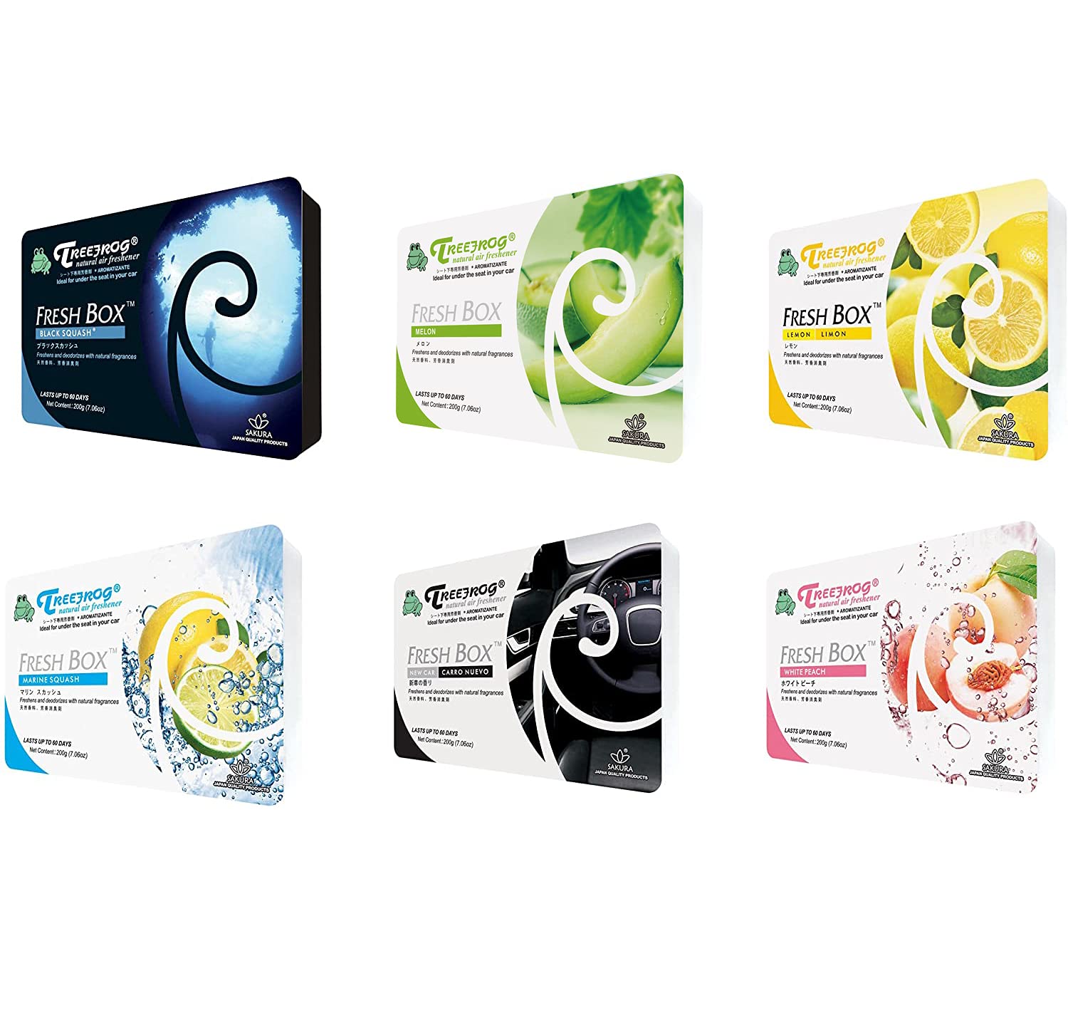 Treefrog Fresh Box 6 packs Assorted Scent Car Air Freshener (Melon, Lemon, New Car, Marine Squash, White Peach, Black Squash Sce