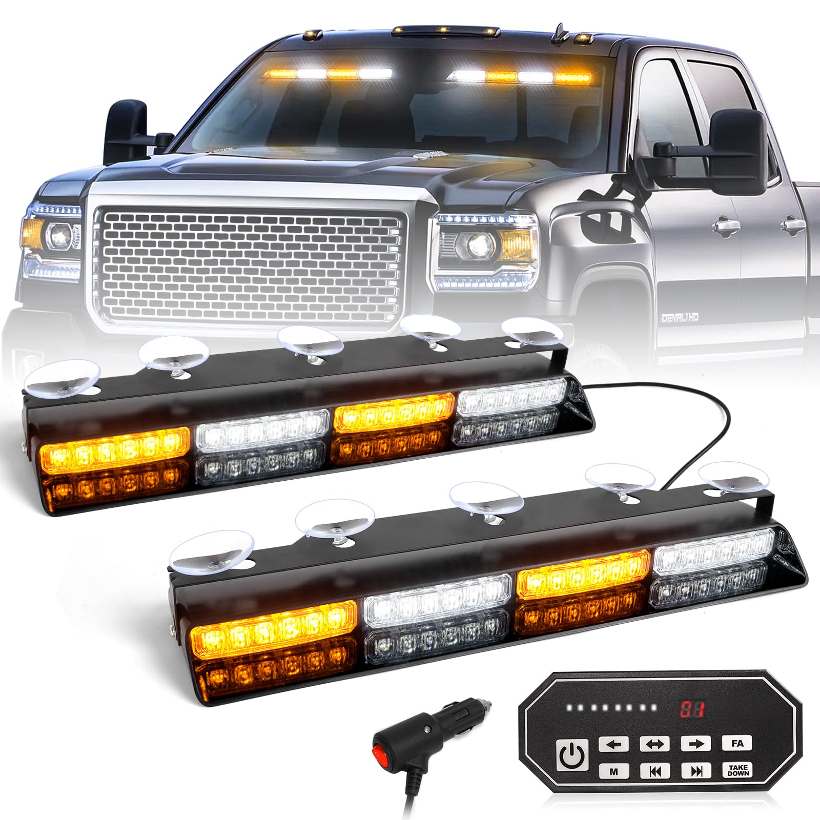 Hlauto 604N Emergency Dash Strobe Lights W/Controller: 2X16.8 Inch Amber White Security Light W/Take Down, 48 Led Safety Flashin