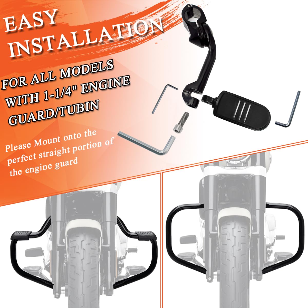 Fovplue 1.25' Highway Footpegs,Long Angled Adjustable Highway Pegs W/Mounts For Harley Touring Street Glide Electra Glide Road King Softail Cvo Dyna Trike Vrsc Sportster W/1-1/4' Engine Guard,Black#3