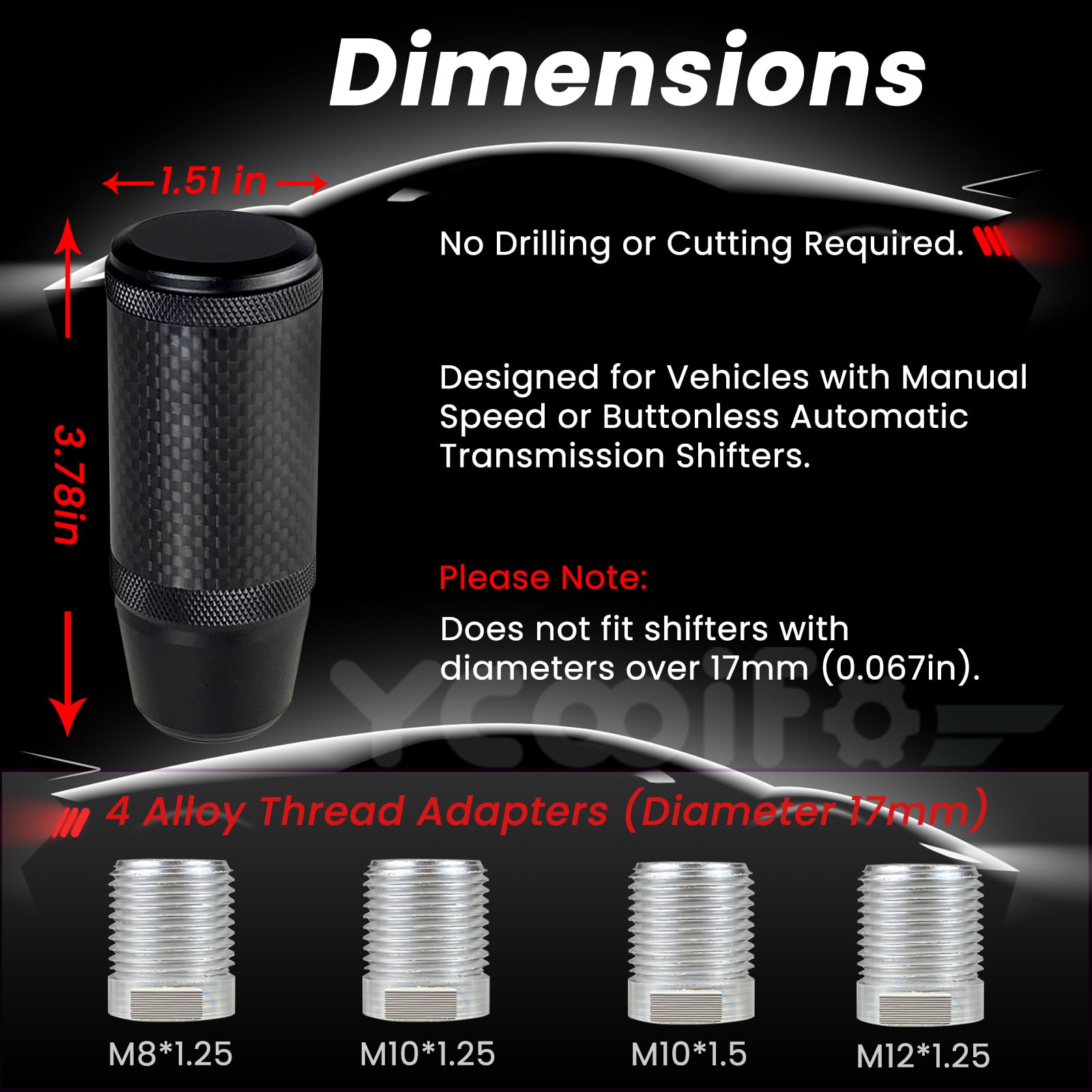 Ycooifo Carbon Fiber Shift Knob For Universal Automatic And Manual Cars, 3.78' Stick Shifter Knobs, With 4 Alloy Adapters M8 M10 M12 X 1.25, M10X1.5 (Black)