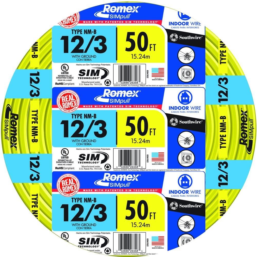 Southwire Romex Brand Simpull Solid Indoor 12/3 W/G Nmb Cable 50Ft Coil - Sw 63947622