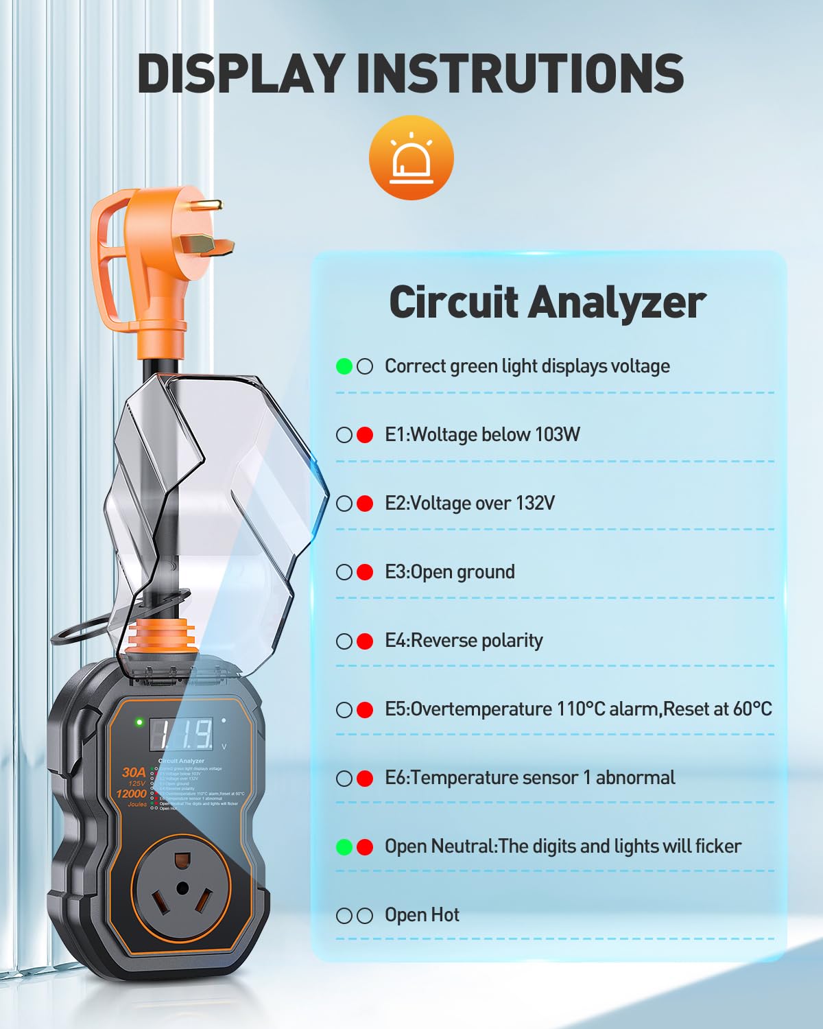 GEARGO 30 Amp RV Surge Protector with Smart LED Display, 12000 Joules, Waterproof, High/Low Voltage Protection for Camper