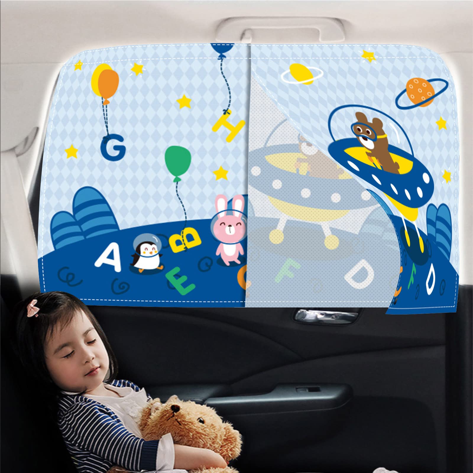 Car Sun Shade For Baby - Eohmak Car Side Window Sun Shade Cover Upgrade Double Opening Car Interior Curtain Sun Blocker Blind (Alphabet Planet, 2 Pack)