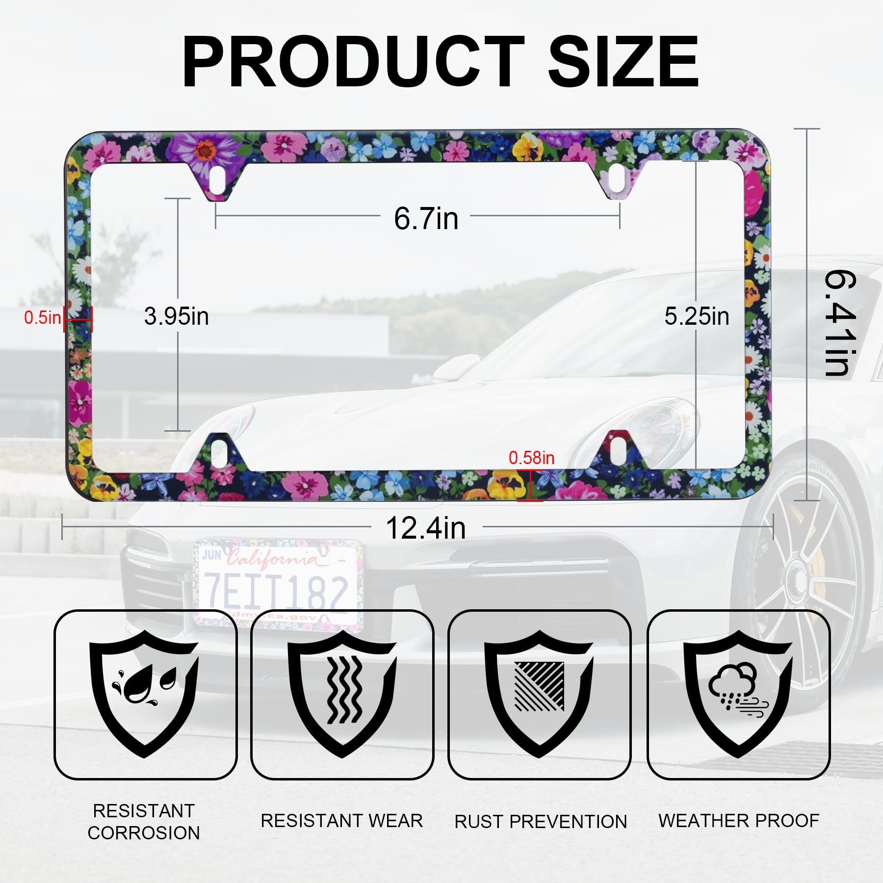 Livtee Flower Floral License Plate Frames, 4 Holes Stainless Steel License Plate Covers, 2Pcs Car License Plate Holder, Automoti