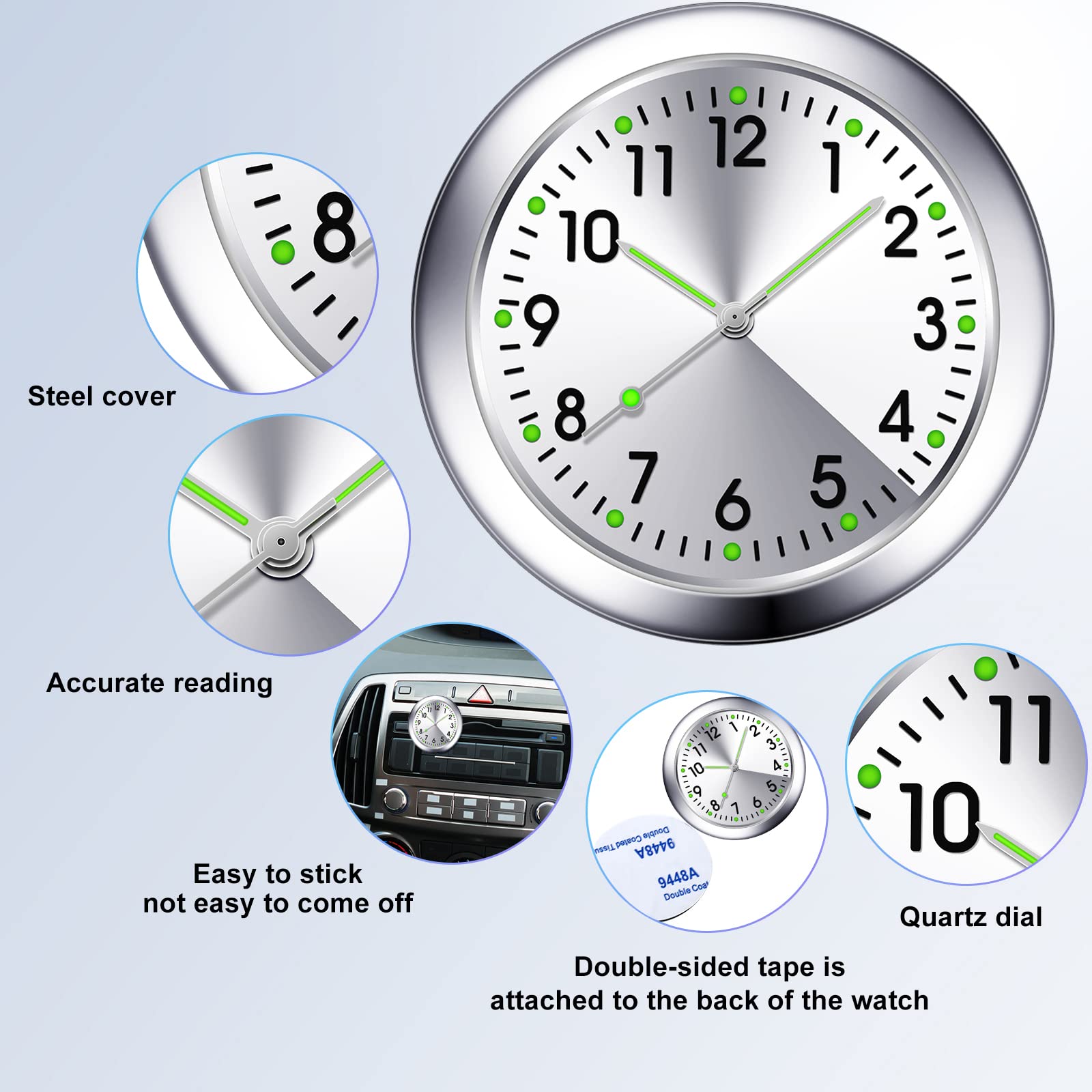 2 Pieces Stick on Dashboard Car Clock Mini Tiny Small Luminous Car Vent Clocks Watch for Dashboard Boat Bike Home (Black, White)