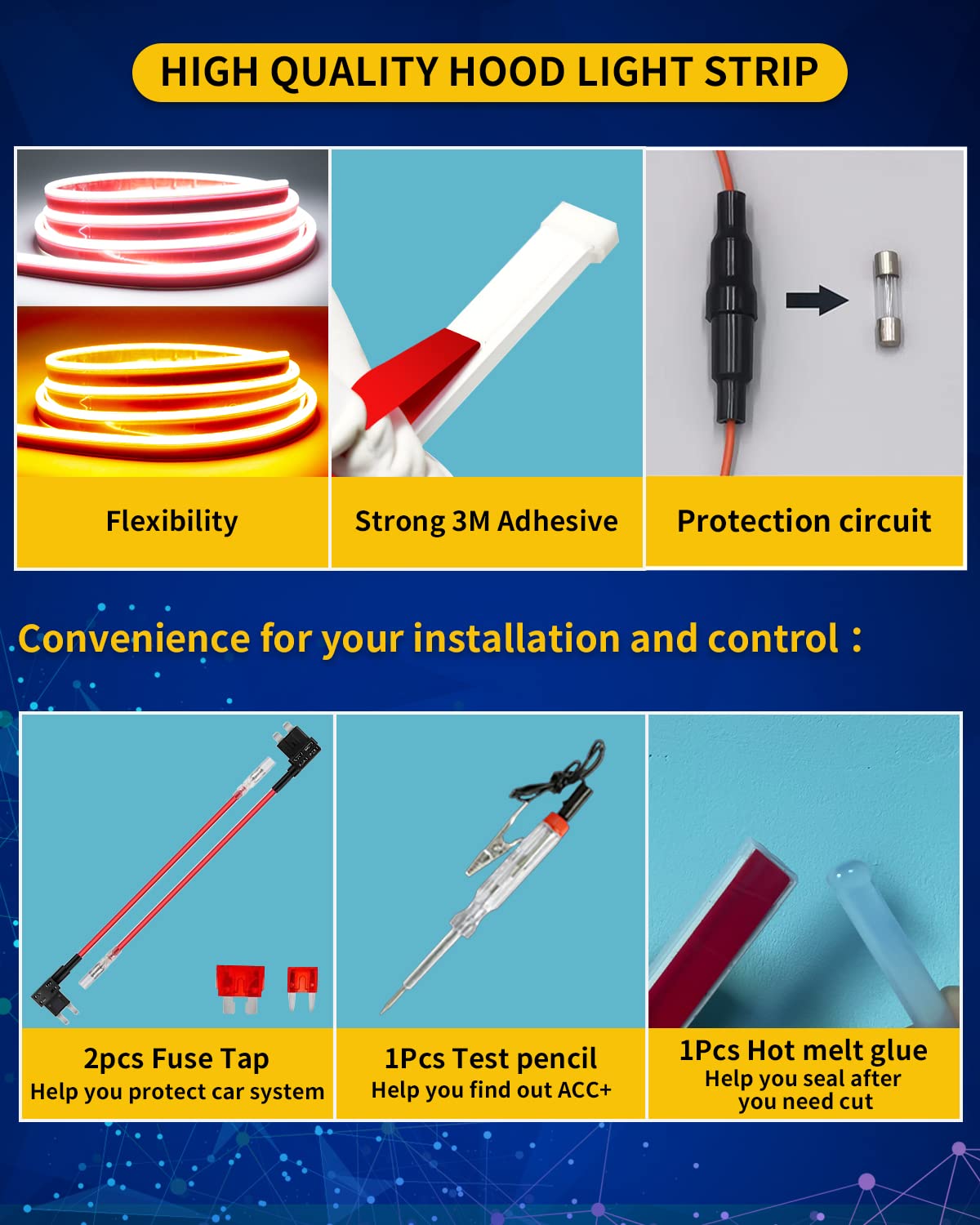 Exterior Car Led Hood Light Strip,Dual Color Dynamic Scan Start Up Hoodbeam Kit,Led Daytime Running Lights White&Amber Switchbac